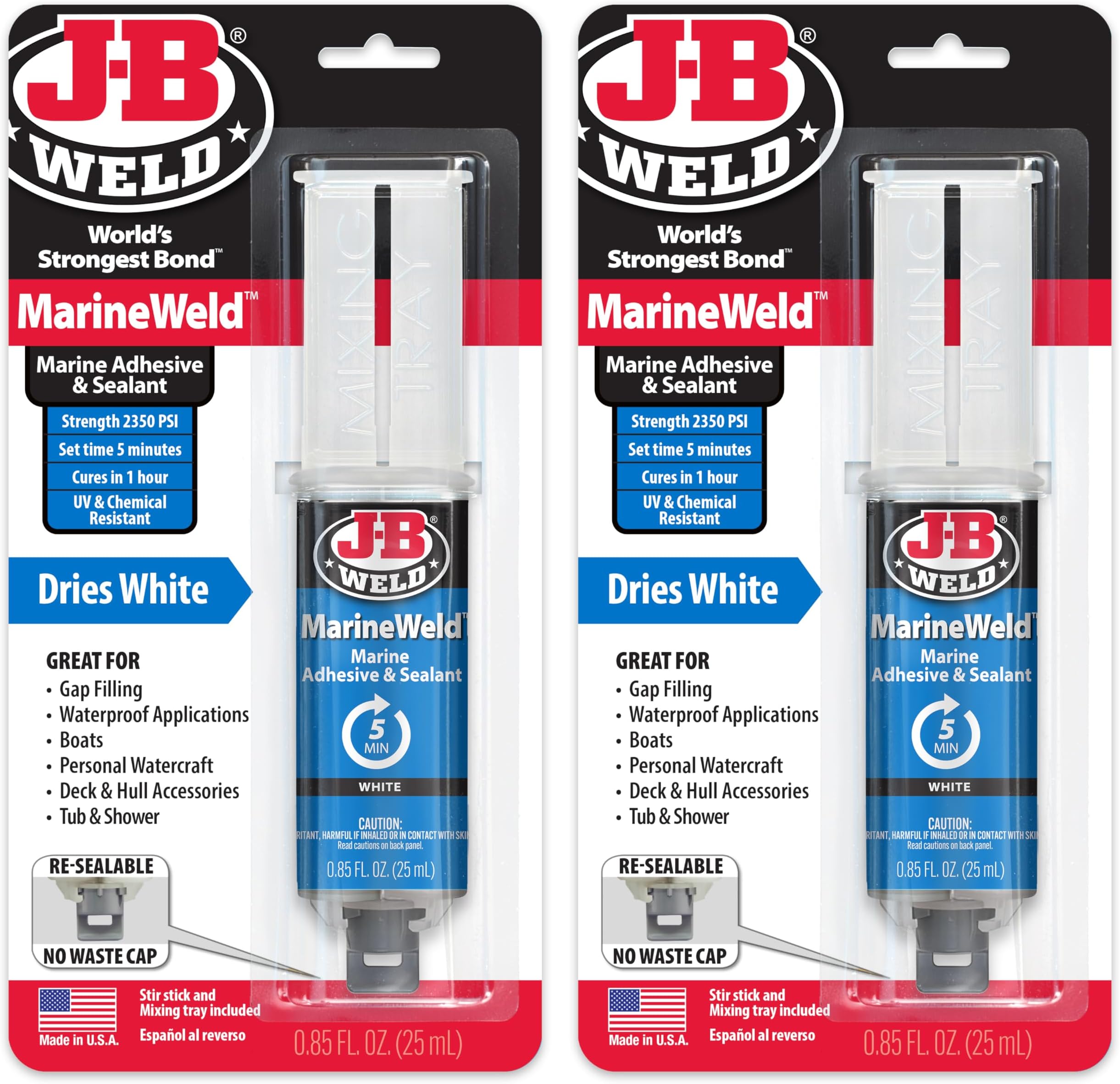 J-B Weld MarineWeld Syringe 2-Pack, White, UV Resistant, High-Strength & Impact Resistant, 25ml 2-Pack, 50172-2
