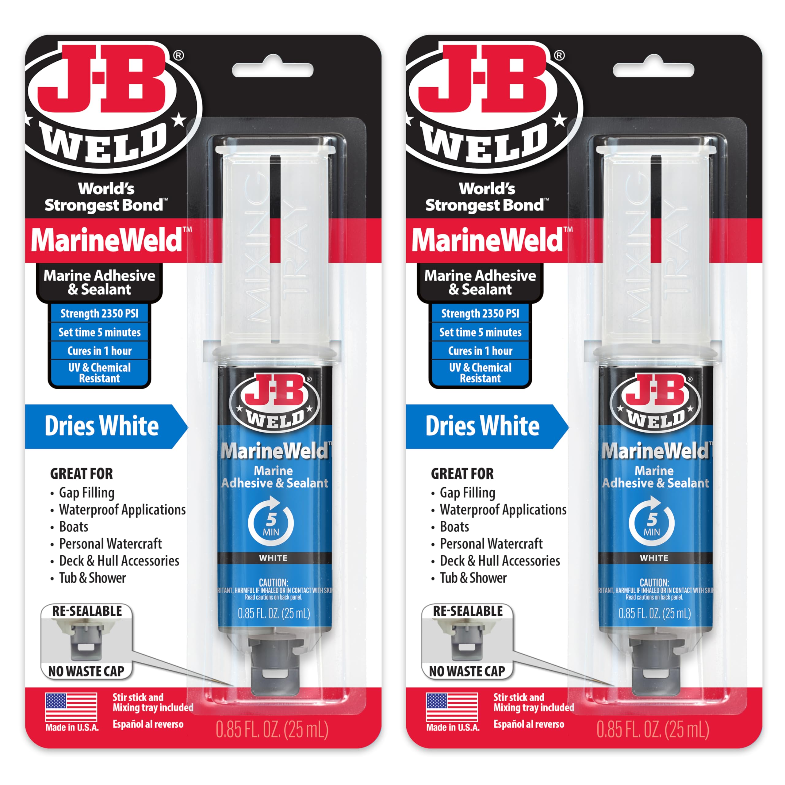 J-B Weld MarineWeld Syringe 2-Pack, White, UV Resistant, High-Strength & Impact Resistant, 25ml 2-Pack, 50172-2