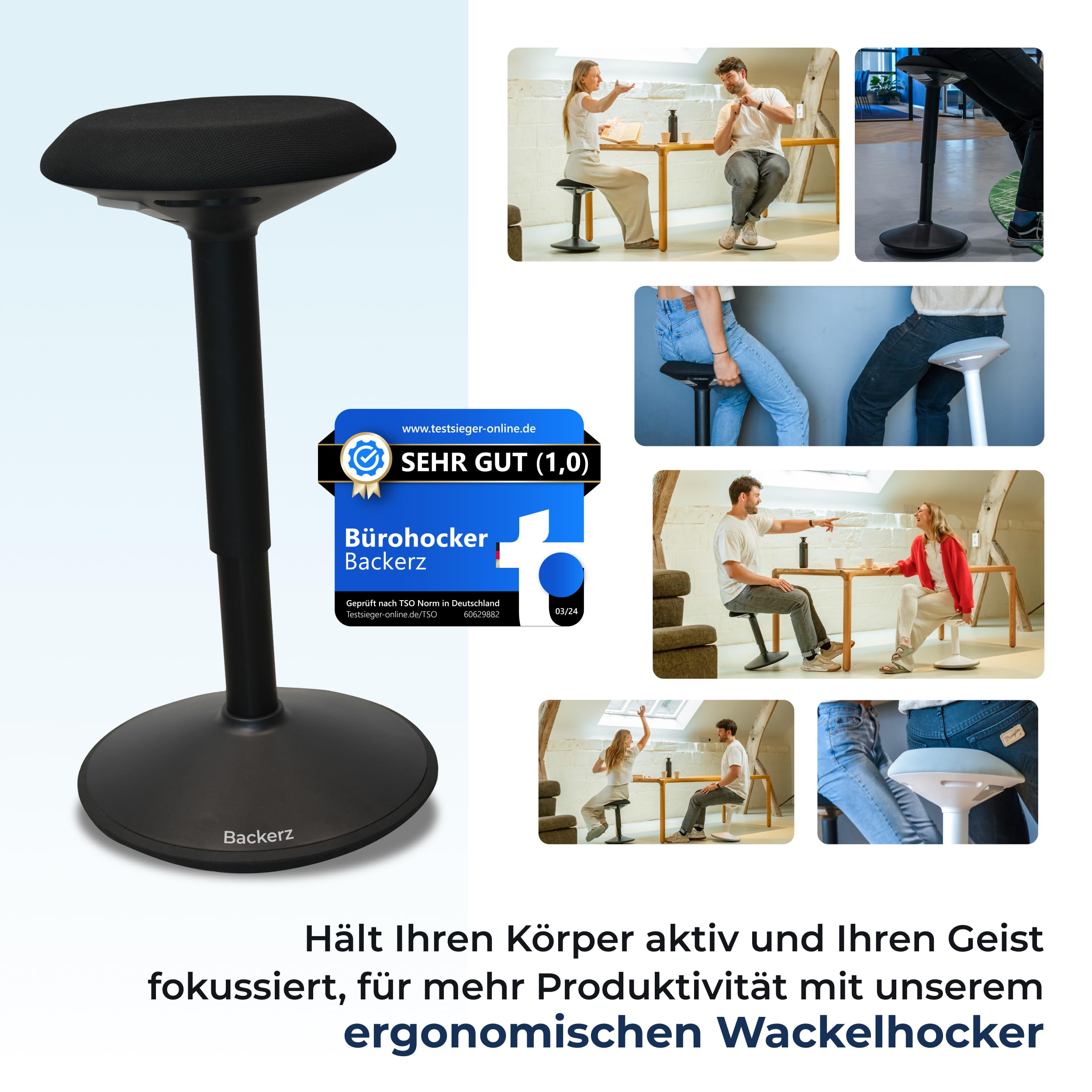 Ergonomischer Hocker TESTSIEGER - Bürohocker Höhenverstellbar [55-80cm] Stehhocker für Büro mit Schwingeffekt - Büro Stehstuhl - Rutschfester Sitzhocker Ergonomisch - Wackelhocker Büro - Mattschwarz