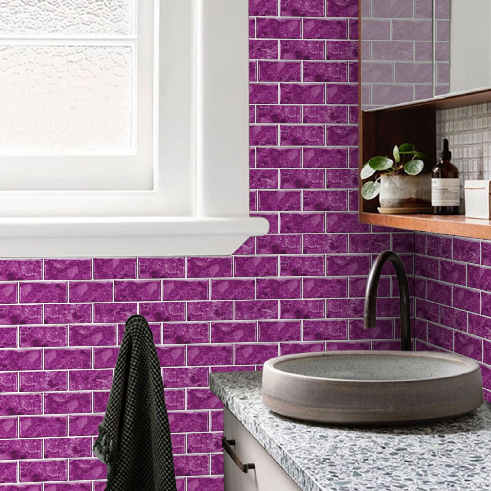 Stickers carrelage Effet marbre Violet, adhésifs en PVC, résistants et imperméables, pour Murs, sols et Cuisines/salles de Bain, 15 x 30 cm (Lot de 12).