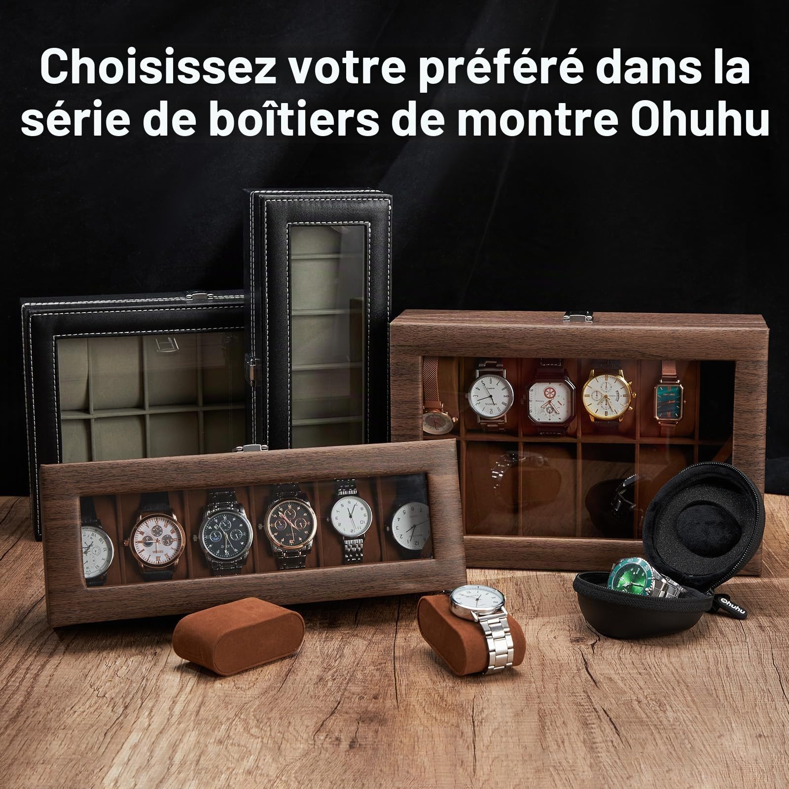 Ohuhu Boîte à Montres à 12 Emplacements, Coffret à Montres avec Couvercle en Verre et Coussins Amovibles en Velours, Boite a Montre Homme, Cadeau pour Anniversaire Fête des Pères Noël