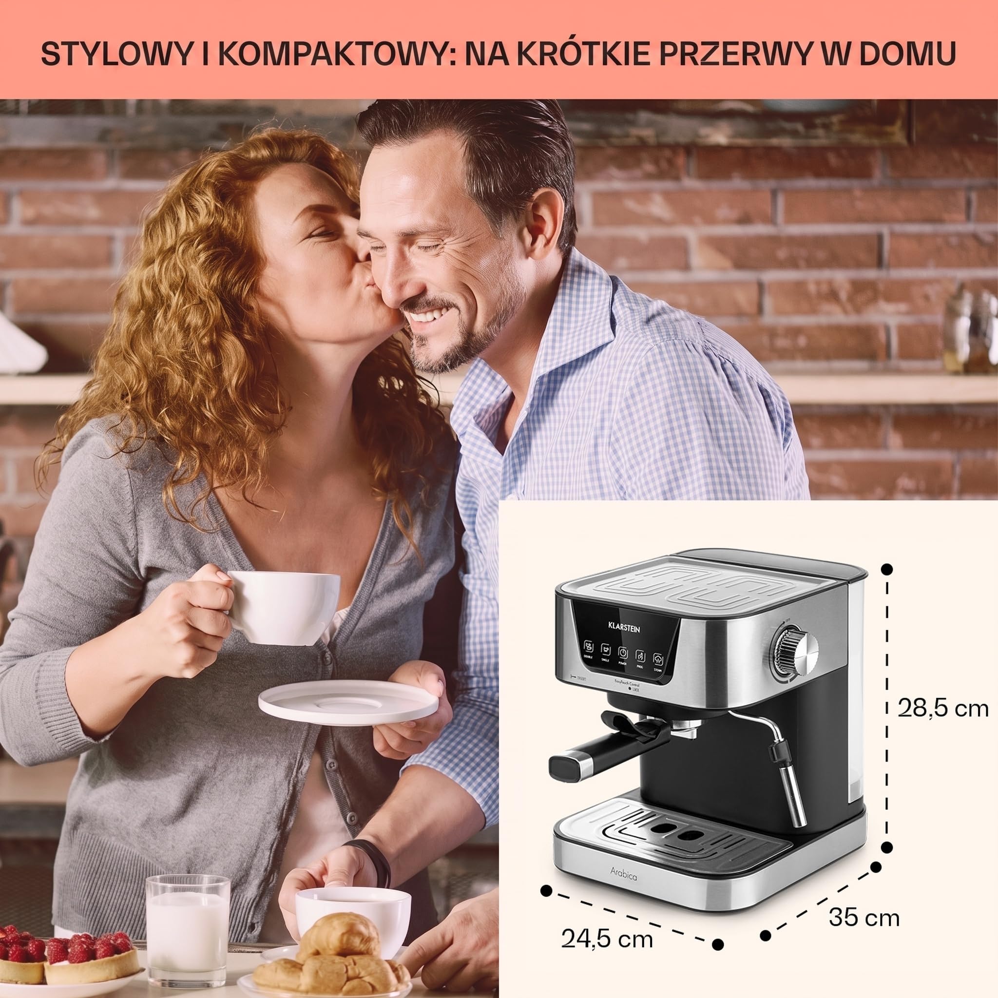 Klarstein Ekspres kolbowy 1,5 L na 2 filiżanki kawy, Mini ekspres ze spieniaczem do mleka, 15 barów, Mały kolbowy do kawy, Dobry do espresso, Ekspresy ze stali nierdzewnej 1050 W