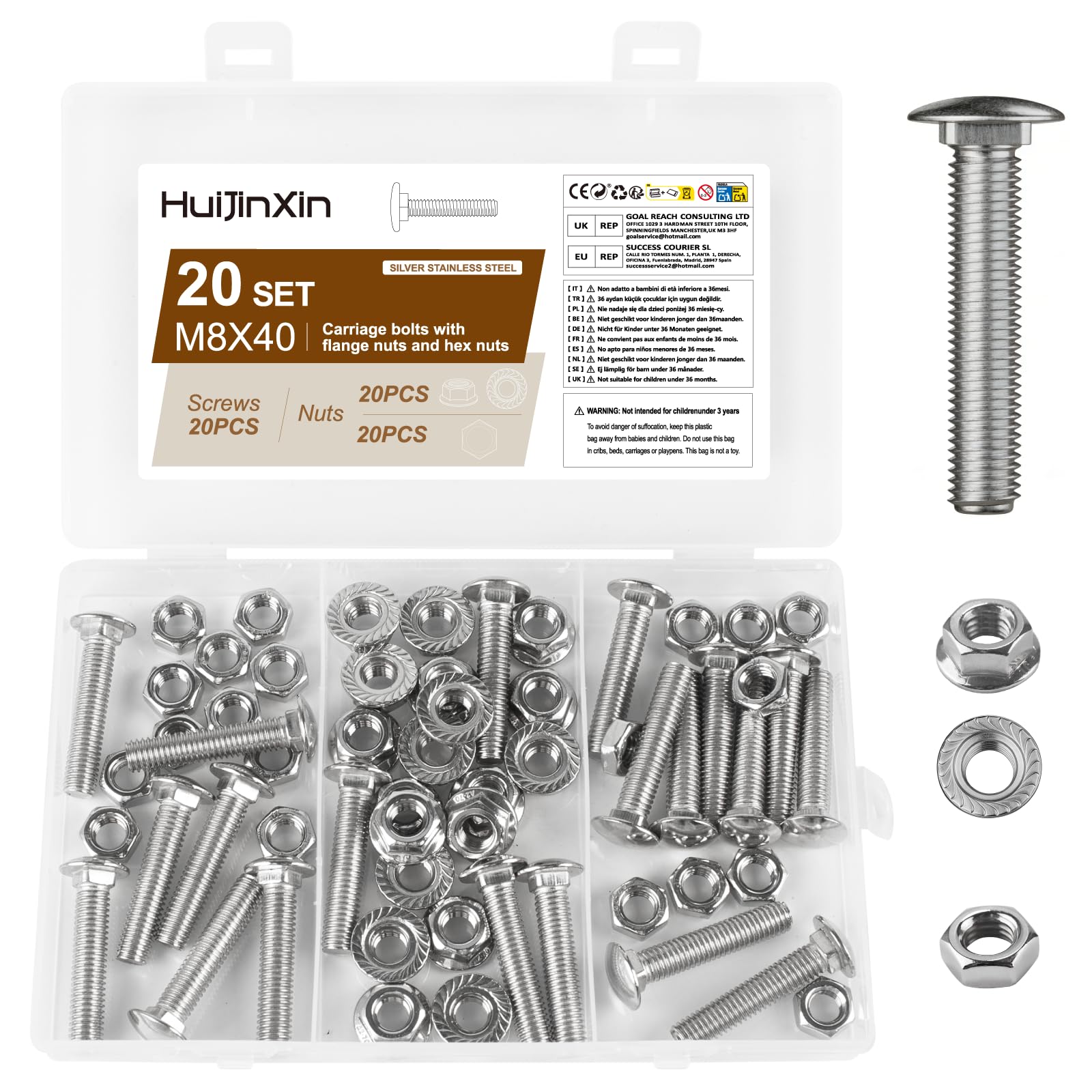 20 Sets M8 Bolt Set, M8 x 40mm Coach Bolts, Cup Square Carriage Bolts and Nuts Set, Stainless Steel Coach Screws, Carriage Screws with Hex Flange Nuts
