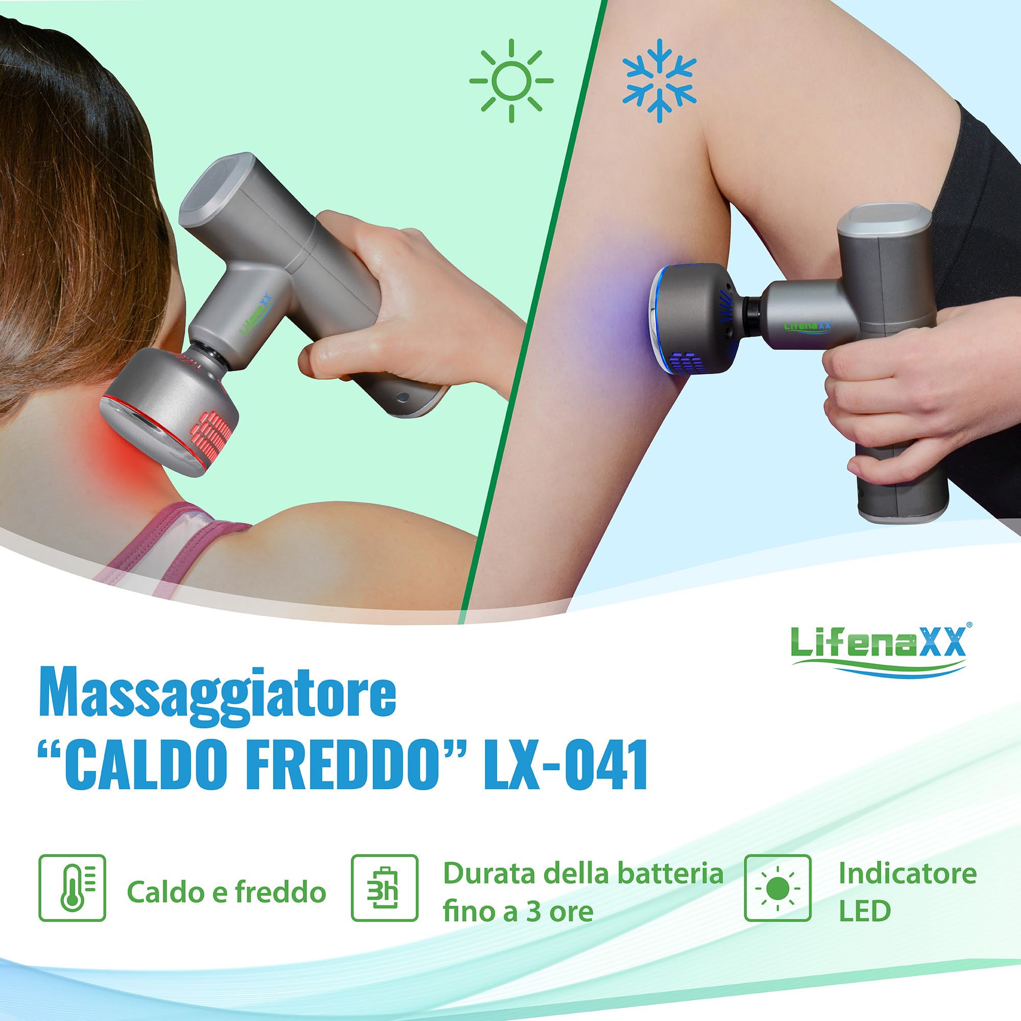 LX-041, pistola per massaggi Lifenaxx per tessuti profondi, 3 livelli di riscaldamento e raffreddamento, 5 testine, 4 livelli massicci, ricarica USB, 2000 mAh - Mini massaggiatore portatile per corpo