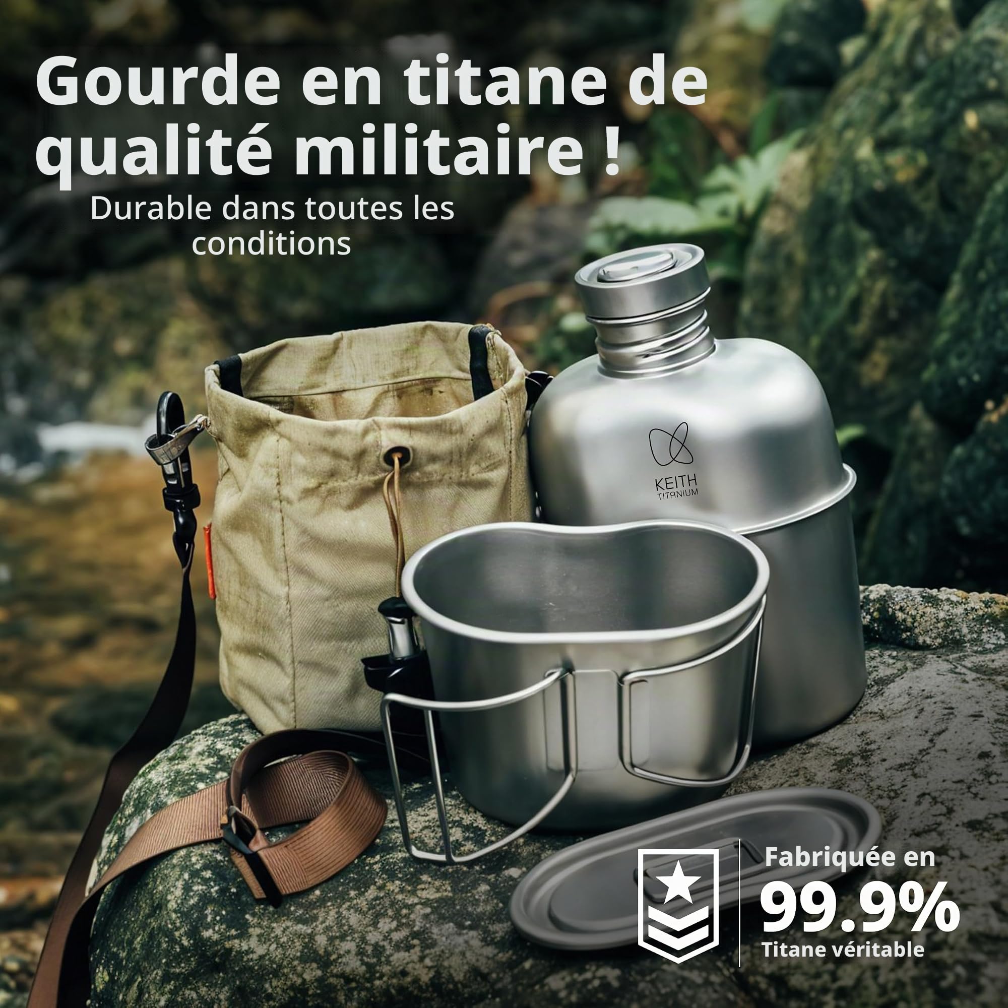 Keith Titanium Cantine Militaire avec Sac Camouflage, Ti3060, Durable, Bouteille 1100 ml + Tasse 700 ml avec Couvercle et Poignées Pliables, Parfait pour Randonnée, Camping et Activités en Plein Air