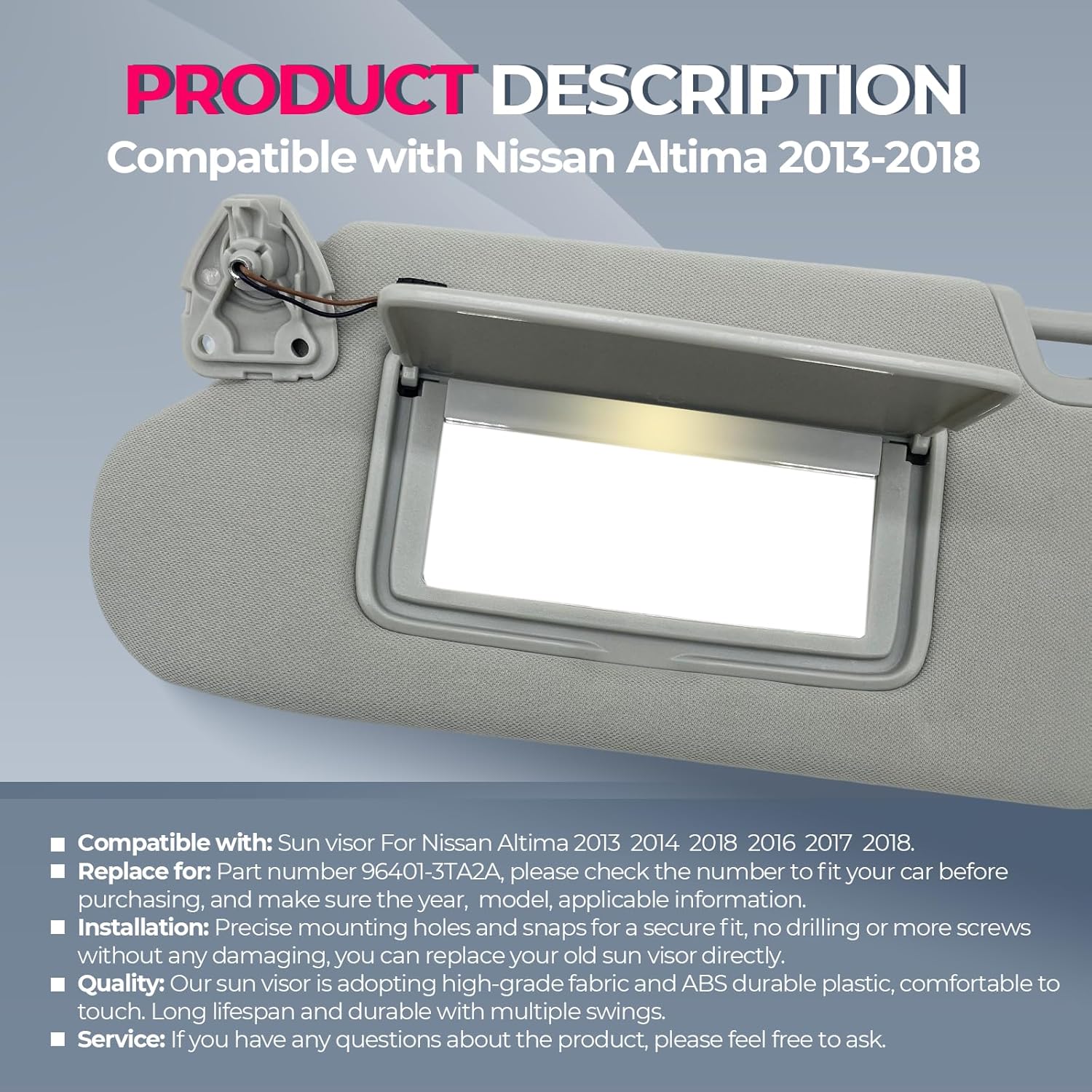 Left Driver Side Sun Visor with Light Replacement Fits for Nissan Altima 2013 2014 2015 2016 2017 2018, Without Sunroof 96401-3TA2A 96400-3TA2A Gray (Gray(Left Driver Side))