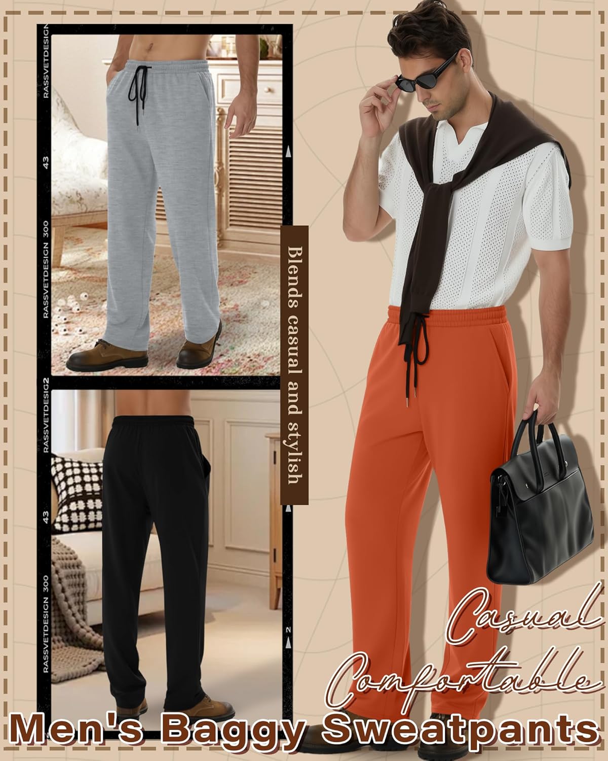 5 Pack Men's Baggy Sweatpants Straight Leg Open Bottom Joggers Elastic Drawstring with Pocket Athletic Pants