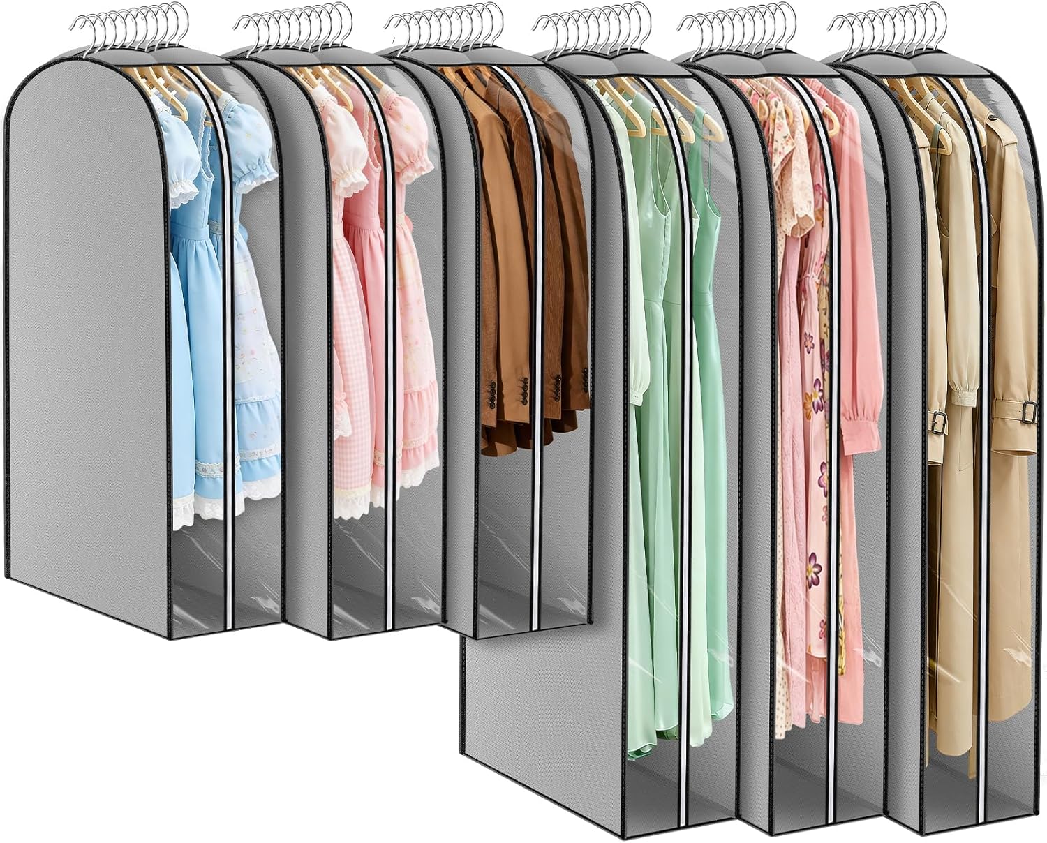 6 Pack Thicken Oxford cloth Garment Bag -garment bags for hanging clothes 10” Gusseted (40&60") For Open Closet Storage,Side Clear Clothing Cover Coat,Dress,Jacket,Shirt,Fur Wardrobe Protector（ grey ）