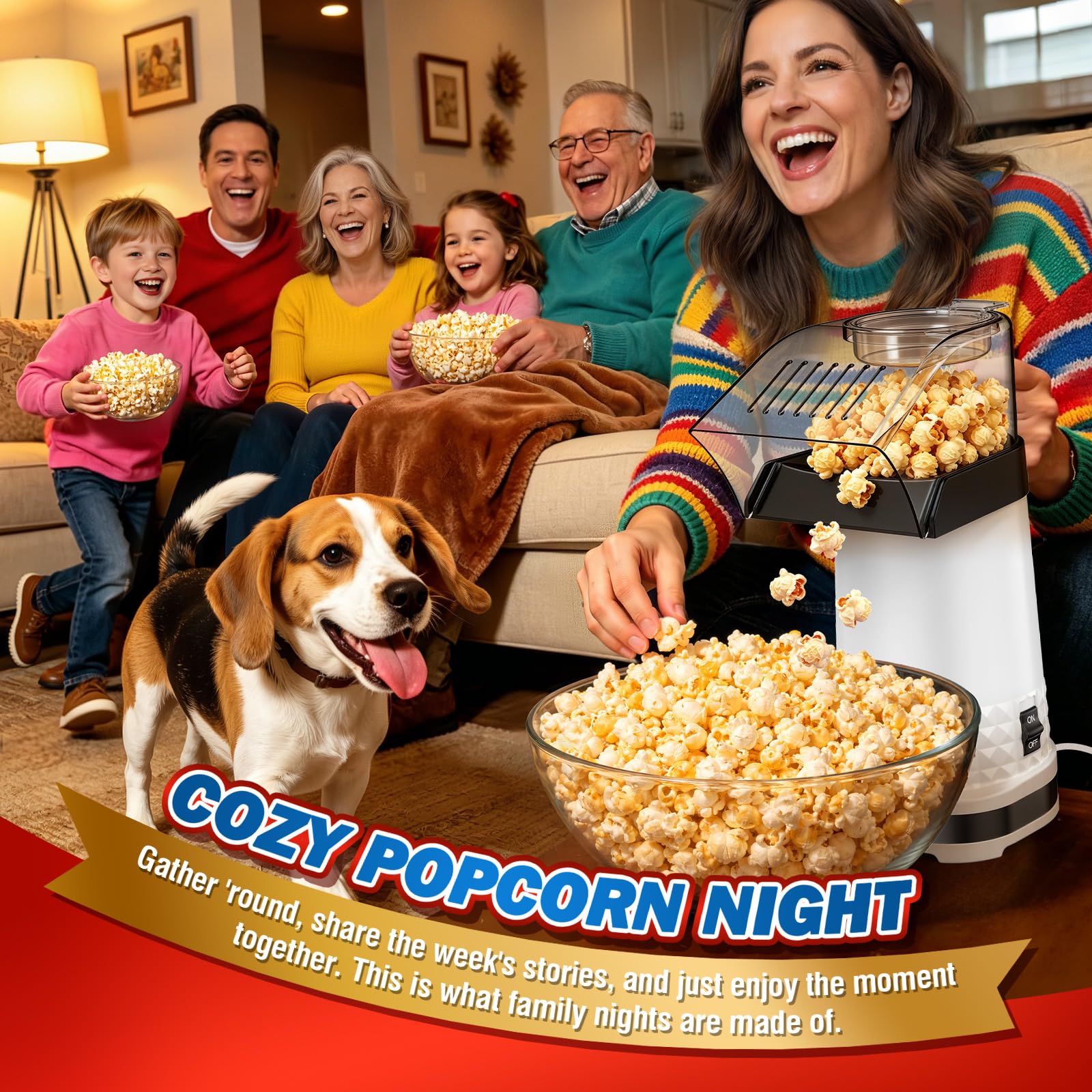 Popcorn ad aria calda da 4,5 litri, macchina per popcorn sana senza olio, con vassoio per la fusione del burro, misurino e interruttore one-touch, macchina per popcorn certificata ETL per casa, serata