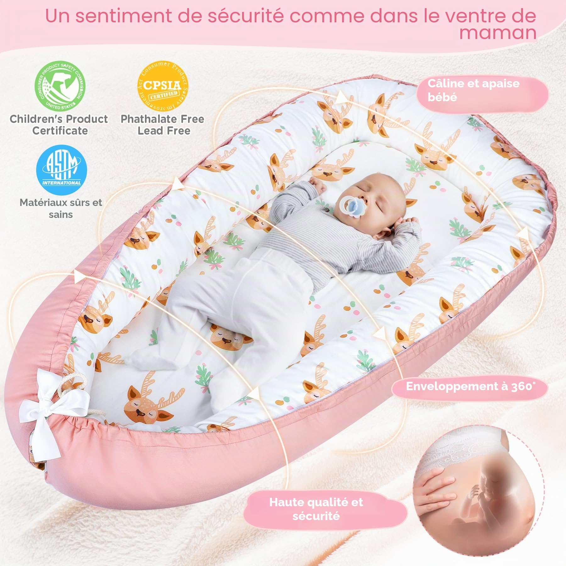 URMYWO Réducteur de Lit Bébé 90x55cm Double Face 100% Pur Coton | Réducteur Lit Bébé avec Housse Amovible Lavable | Sécurisé et Confortable pour Filles & Garçons (Nouveau-Né 0-12 mois) (Tête de cerf)