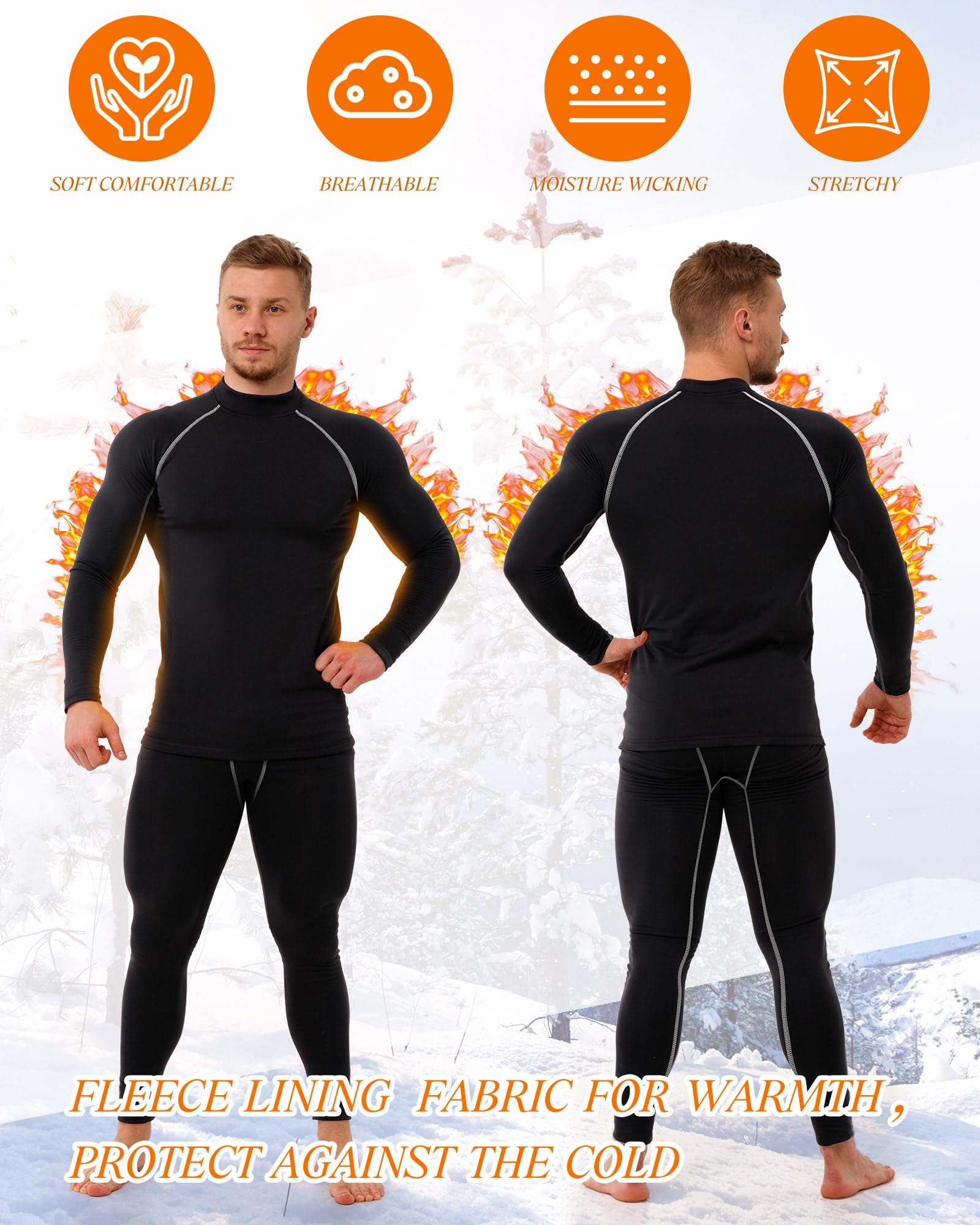 Hicarer Thermo-Unterwäsche-Set für Herren, mit Fleece gefüttert, Sportunterwäsche, Winterunterteil für Workout, Sport, Jagd, 4 Sets