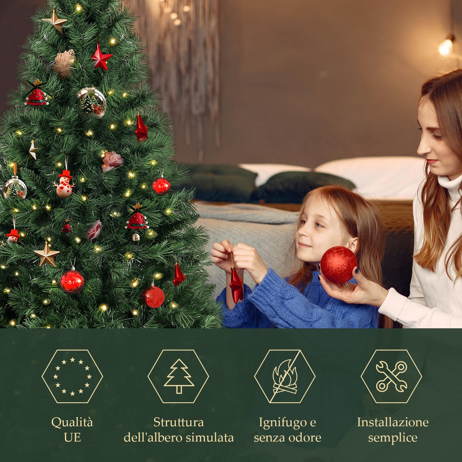 SALCAR Albero di Natale Artificiale 120 cm, Abete di Natale con Guanti e Supporto in Metallo, 279 Punte per Rami, Montaggio Rapido, Ignifugo