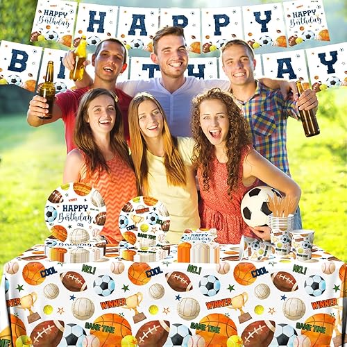 Miniatura 6 de Juego de 142 platos y servilletas para decoración de fiesta de cumpleaños deportivas, juego de platos y servilletas All Star Baloncesto, Fútbol,