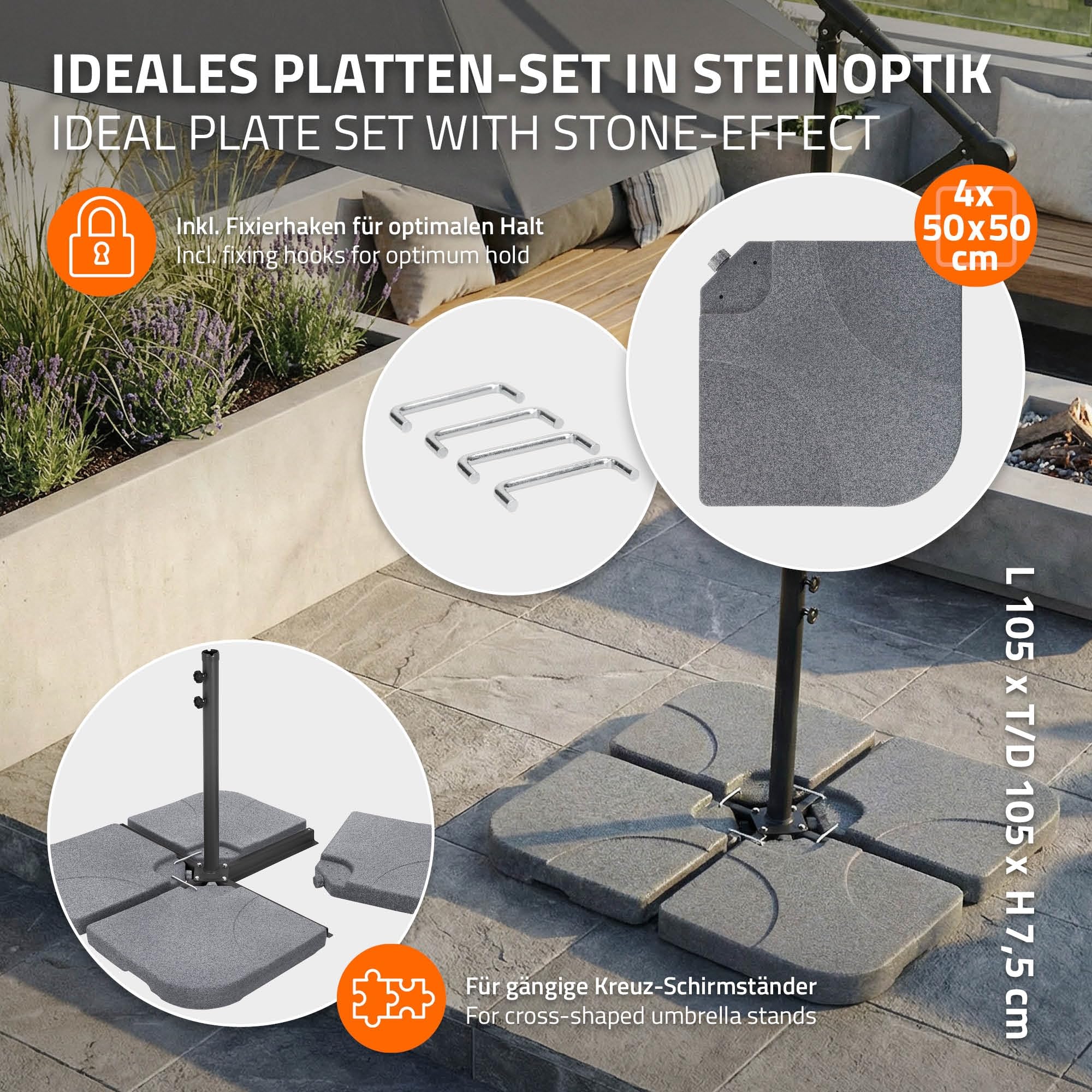 ML-Design 4-czesciowa podstawa parasola ogrodowego zestaw obciazników 60L / 80 kg do podstawy krzyzowej wypelnienie woda lub piaskiem wyglad kamienia odporna na warunki atmosferyczne metalowe laczniki