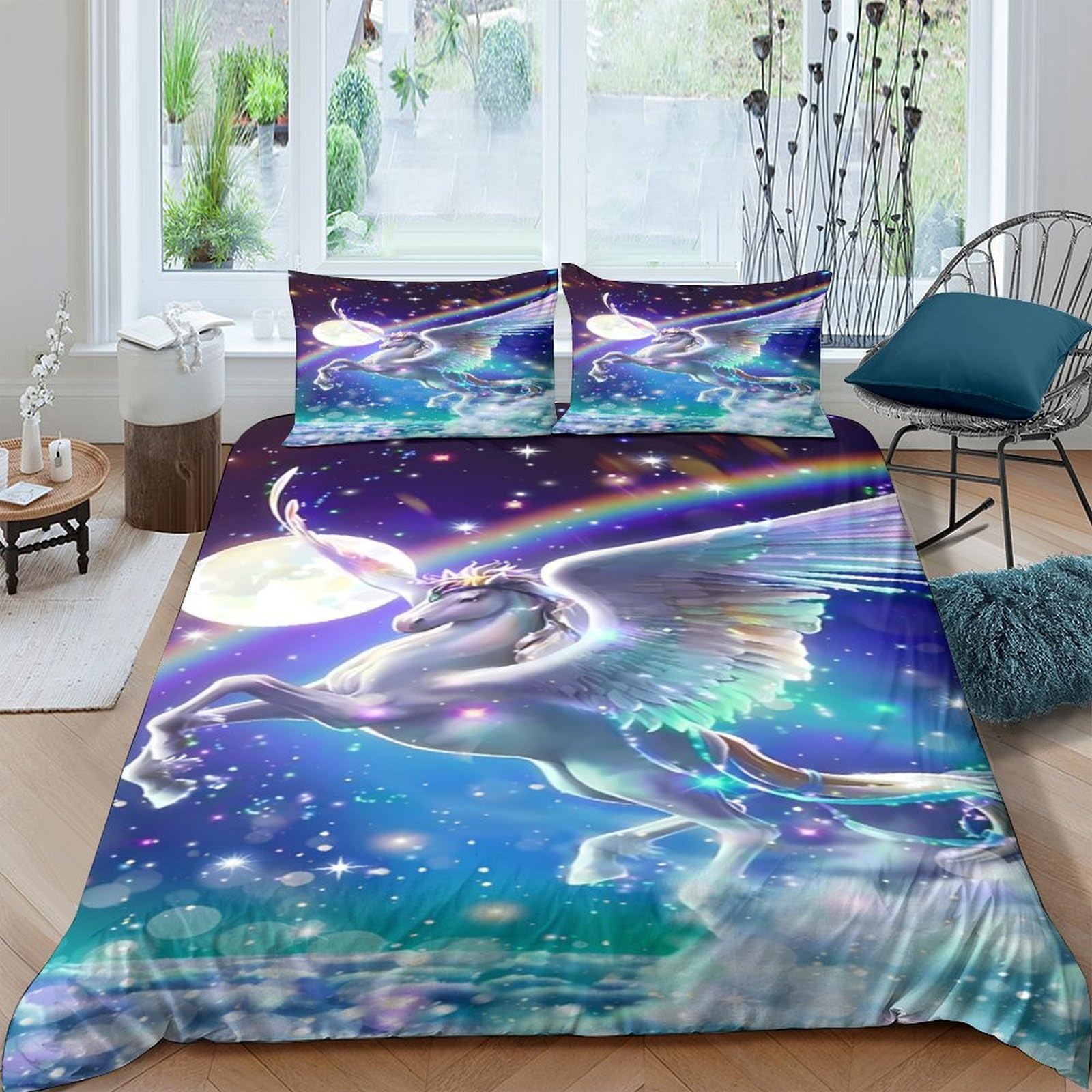 Ctjqhvkz Style-5 3D Printed Fantasy Pegasus Fitted Sheet Microfiber Soft Breathable Rainbow Moon Mattress Cover For Bedroom Dorm Decor Single（135X200cm）