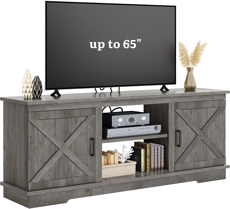YITAHOME Farmhouse TV Stand for 65 Inch TV, Double Barn Doors, Rustic Grey image 6