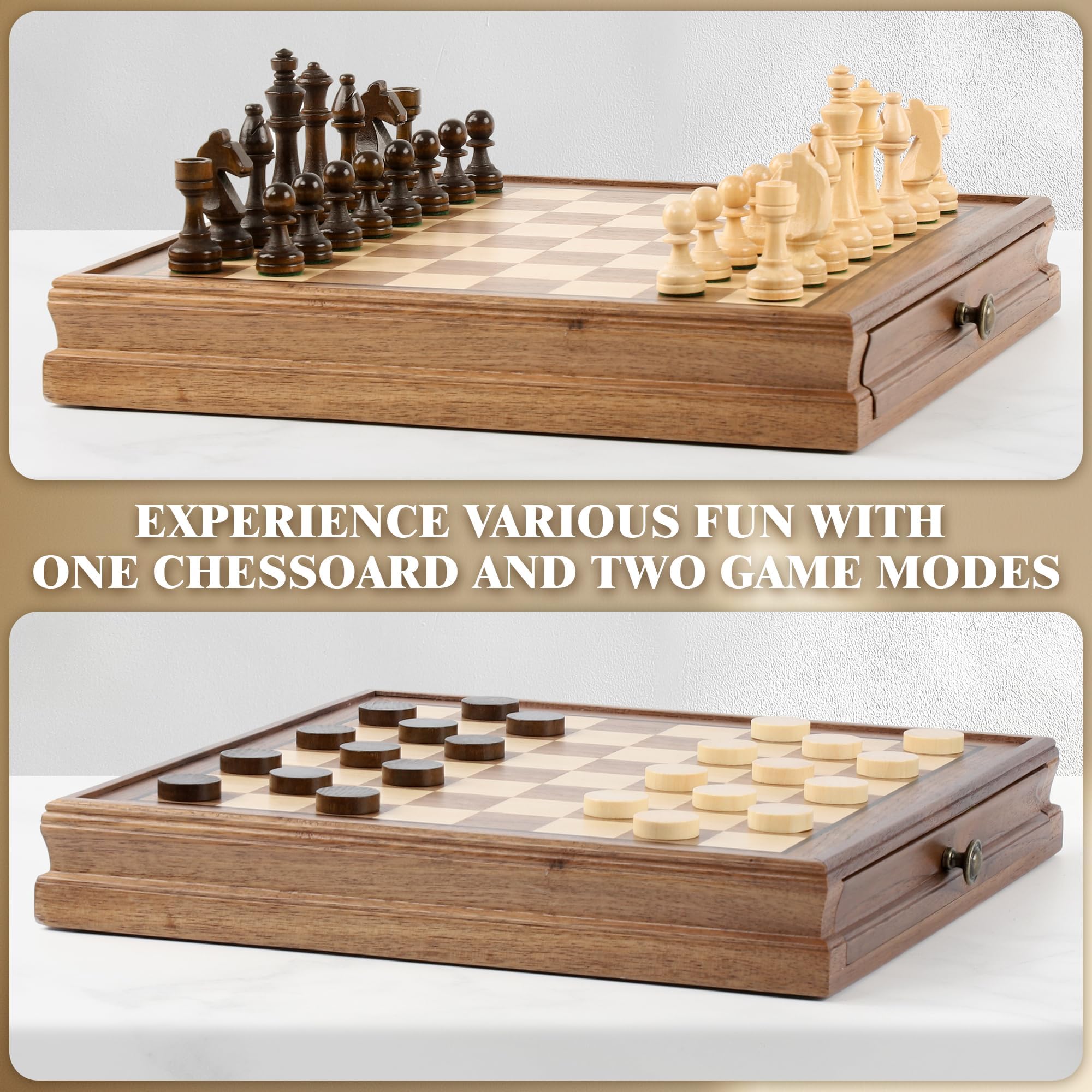 32 cm Magnetisches Schachspiel aus Schwarznuss mit Schublade, 2-in-1 Holz Schach- und Dame-Spiel, mit 2 Extra-Damen, 24 Dame-Steinen, Tragetasche, Reiseschach