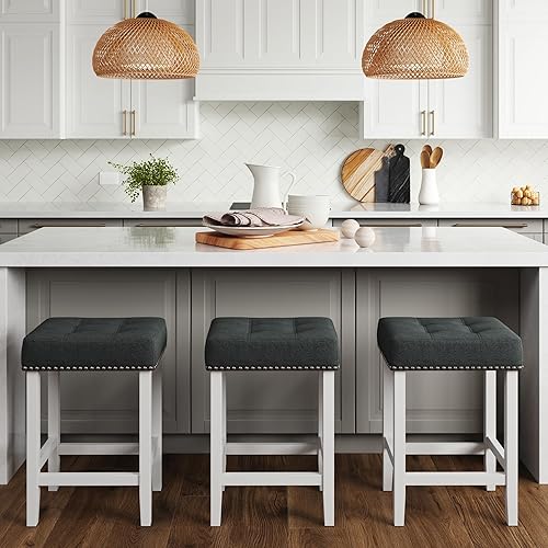Miniatura 2 de Nathan James Hylie Juego de 2 taburetes de madera para cubierta de cocina, altura de pub, 24 pulgadas, tupido, con tachuelas de tapicería, grisblanco