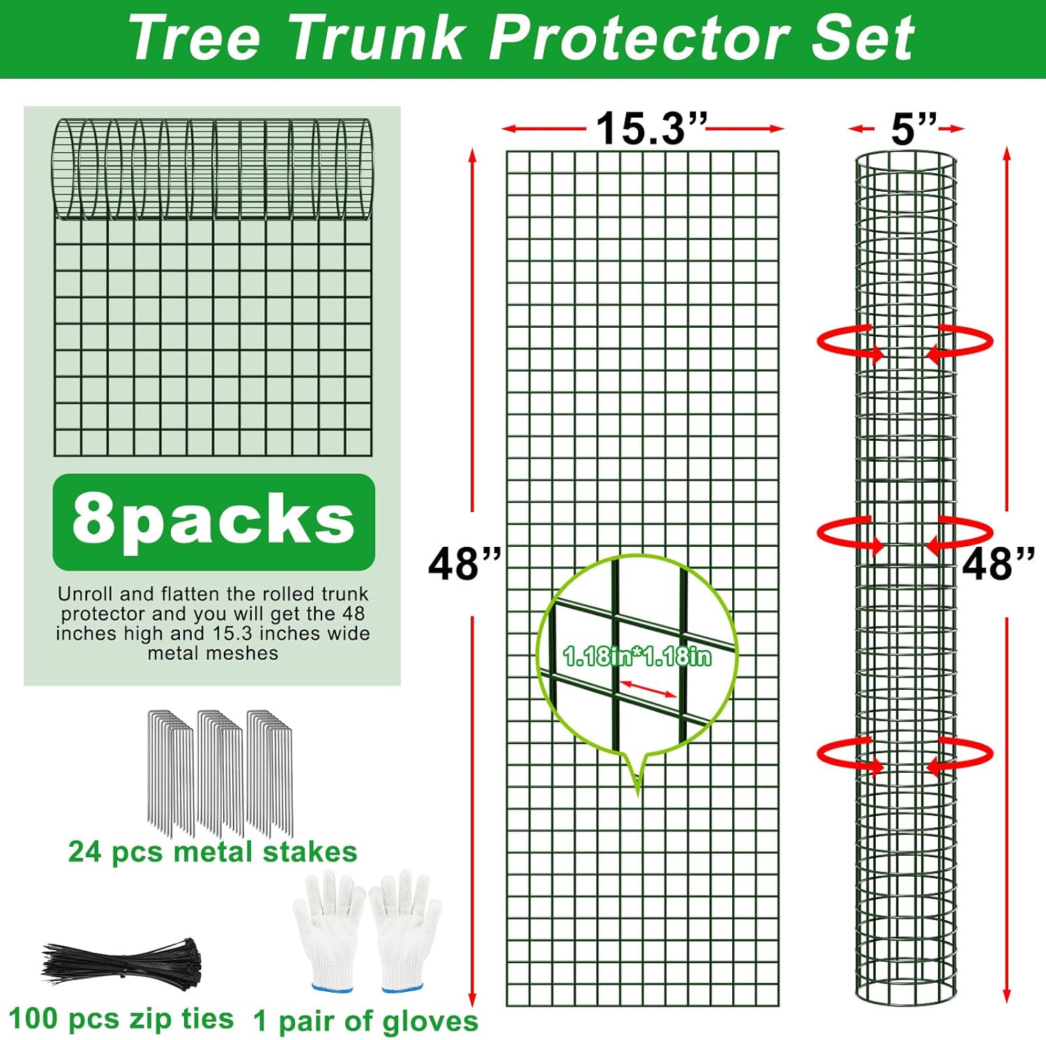 48 Inch Tree Trunk Protector, 8 Pcs Metal Mesh Tree Guards Trunk Protector with Glove, Metal Stakes and Zip Ties, Expandable Plant Bark Protection from Deer Animals Mowers Trimmers