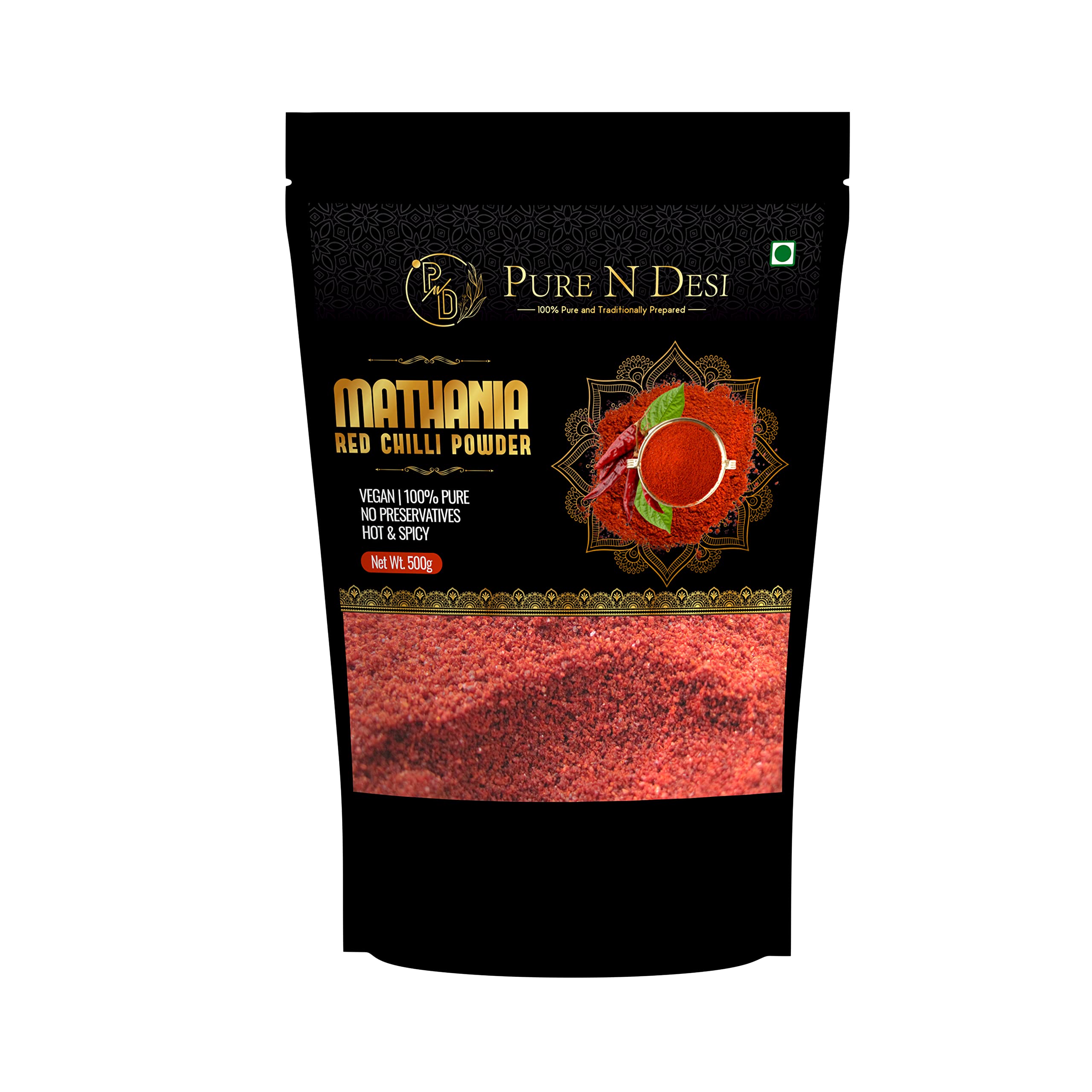 PURE N DESI Original Mathania Mirch Rajasthani- Mathania Lal Mirch Powder | Mathania Chilli Powder Lal Mirch Powder - 500 Grams