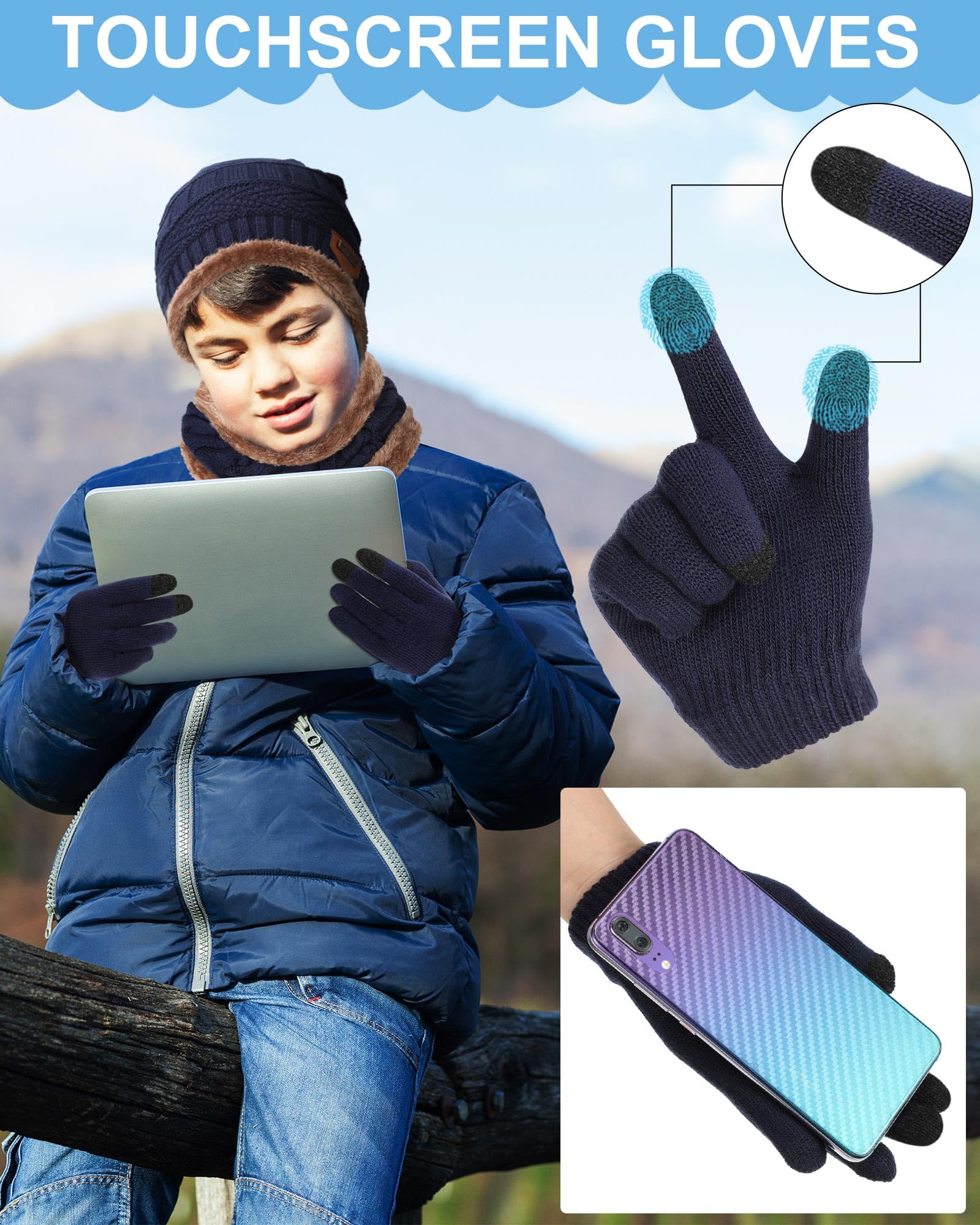 Liitrsh Wintermütze, Handschuh-Schal, Sets für Kinder, inkl. Strickmütze, Beanie, winddicht, Totenkopfkappe, Touchscreen-Handschuhe, Halswärmer, kaltes Wetter, Sets für Jungen, 5–14 Jahre, 4 Stück