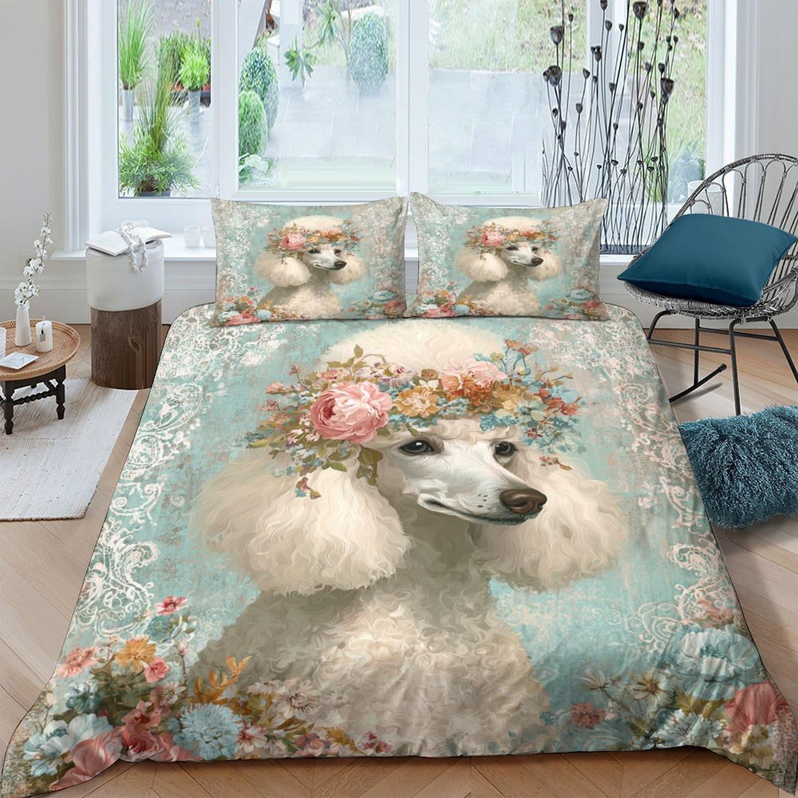 Ctjqhvkz Style-9 3D Printed White Poodle Flower Crown Fitted Sheet Microfiber Anti-Slip Bed Cover For Bedroom Dorm Decor Single（135X200cm）