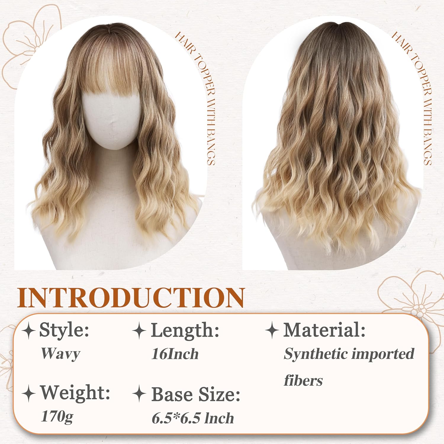 Hair Topper with Bangs 16 Inch Ombre Blonde Synthetic Wavy Hair Toppers for Women 6.5"x6.5" Big Base Invisible Wiglets Hairpieces for Women Daily Wear