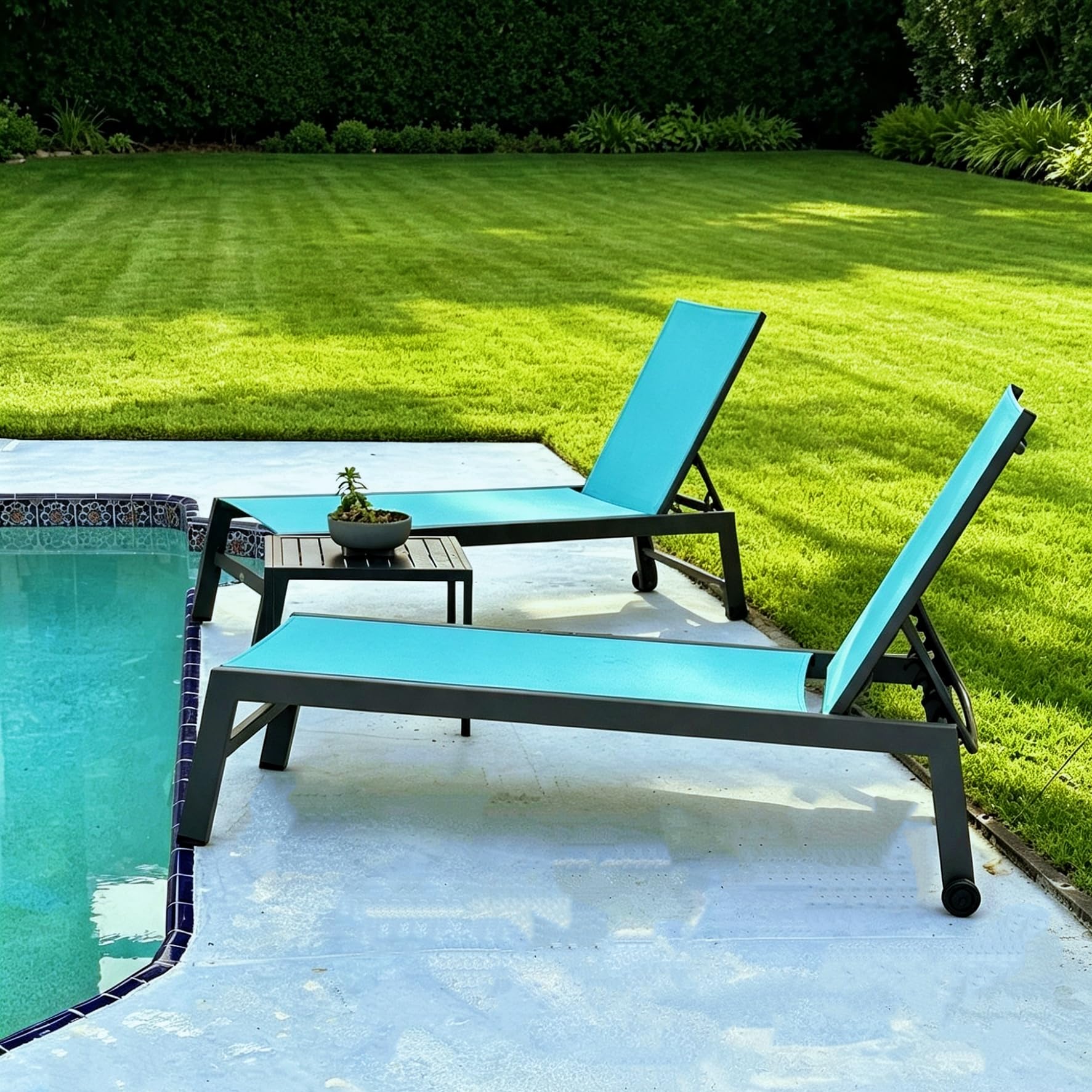 PURPLE LEAF Pool Chaise Lounge 4 Pieces w/Wheels, Textilene Turquoise Blue