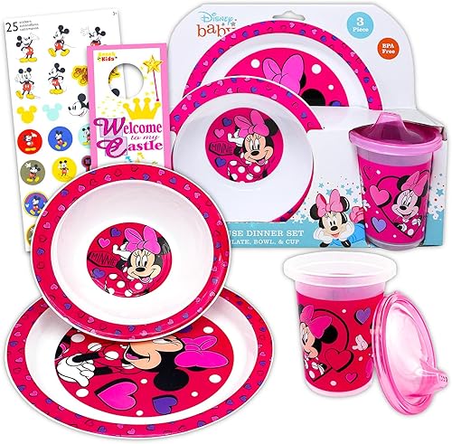 Juego de vajilla clásica de Minnie Mouse de Disney, paquete con calcomanías para platos, cuencos y tazas más (Minnie Platos para niños pequeños)