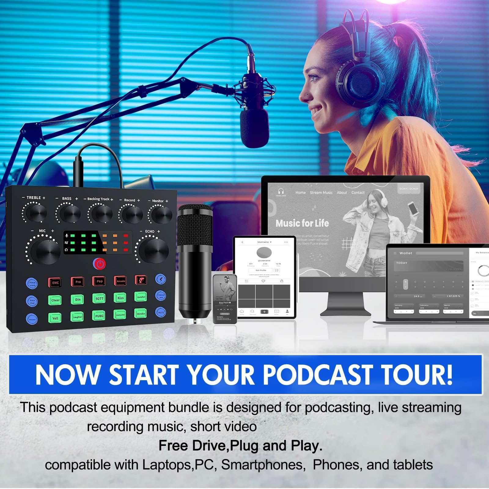 ALSO GO Paquete de equipo de podcast, tarjeta de sonido V8S con micrófono de podcast BM-800 y cambiador de voz, paquete de micrófono de estudio con soporte ajustable, adecuado para podcasting