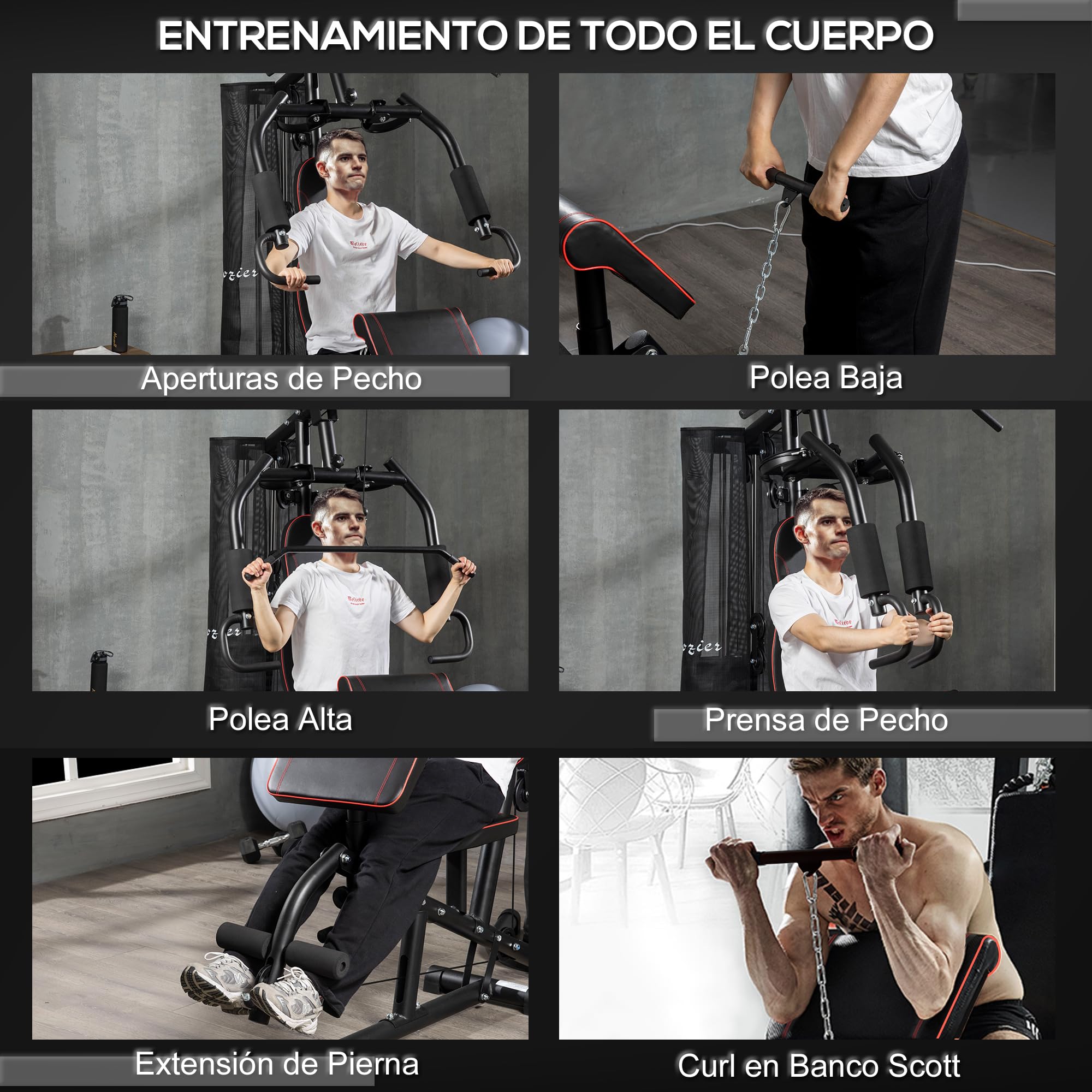 HOMCOM Multiestación Musculación Máquina de Musculación con Placas de Peso de 45 kg Polea y Prensa de Piernas y Pecho Carga 150 kg para Gimnasio Entrenamiento en Hagar Negro