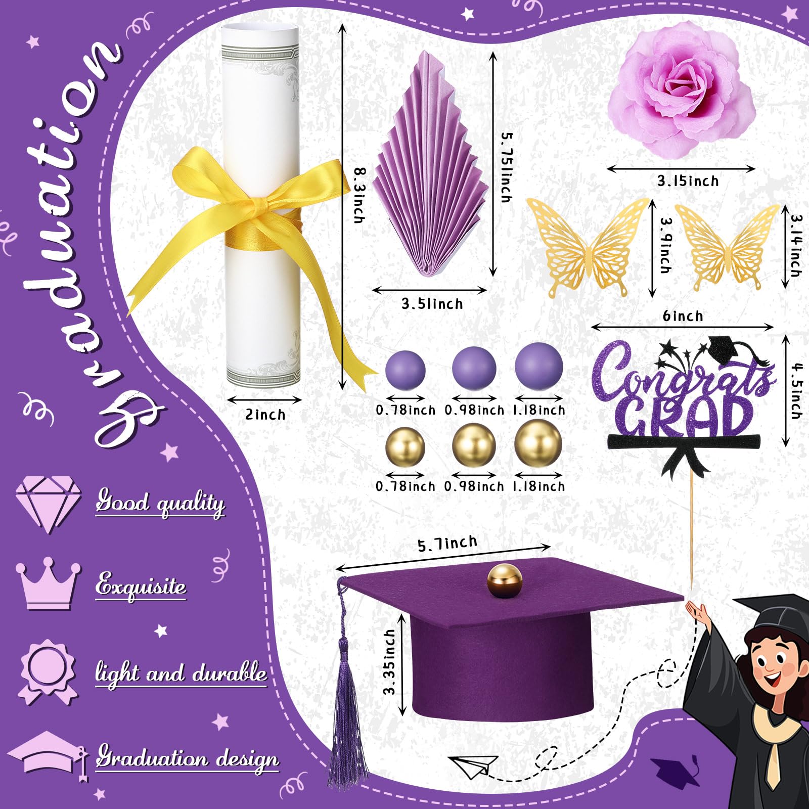 Jingmore Graduation Cake Kit Included Felt Graduation Cap Diploma Classic Black Congrats Grad Cupcake Toppers Beads Leaf Flowers Cake Decorations for Class of 2025 Graduation Party(Purple and Gold)