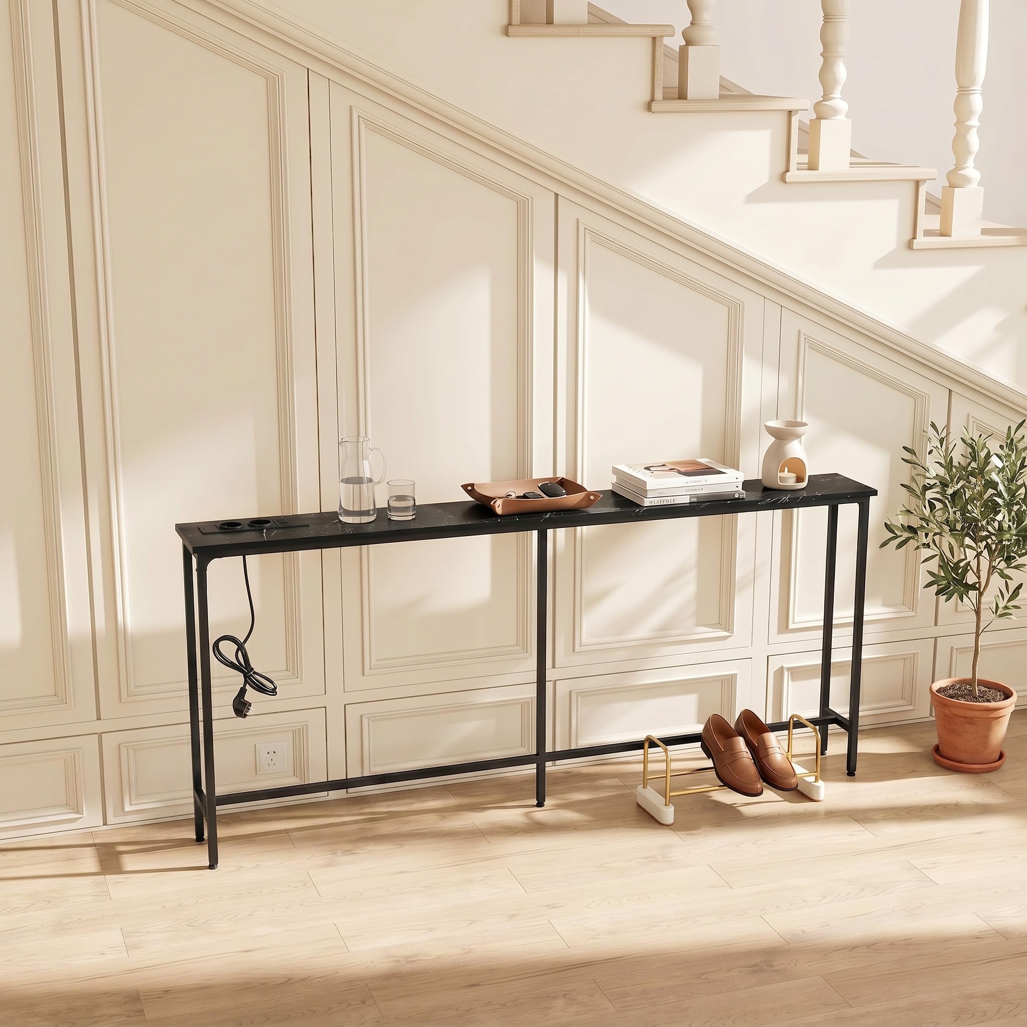 Tavolo Consolle per Ingresso con Presa L 180 cm Effetto Marmo&Nero/1 Pezzo | Consolle Dietro Divano Tavolino Laterale per Corridoio Ingresso Veranda Balcone Soggiorno, Faux Marmo e Nero/180x20x80 cm
