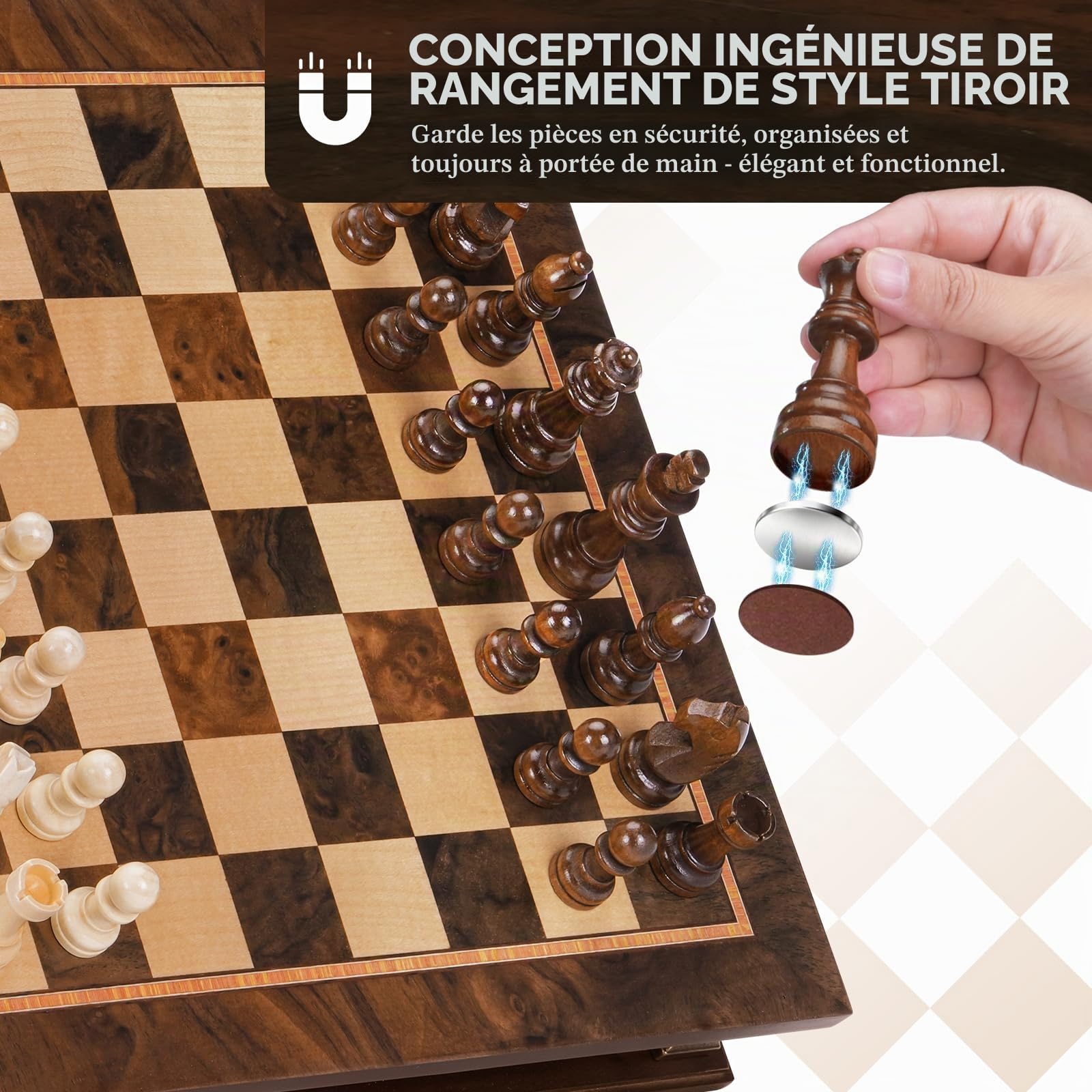 Peradix Jeu d'échecs magnétique 2 en 1 avec 2 tiroirs de rangement intégrés, jeux d'échecs classiques 2 en 1 avec 2 reines supplémentaires pour enfants et adultes, jeu d'échecs portable de voyage