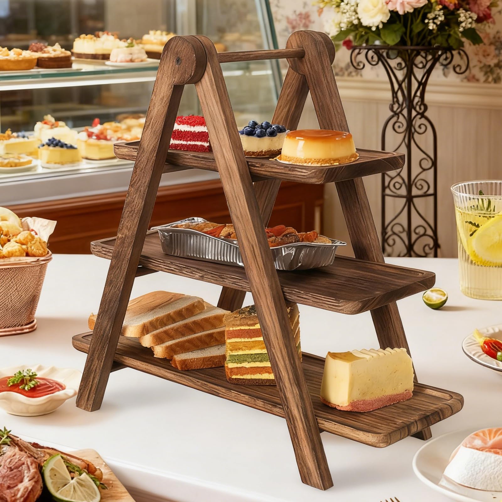 Présentoir À Gâteau En Bois, Support À Gâteau À 3 Étages, Présentoir À Cupcakes, Presentoir Buffet, Poignée, Support Gateau Et Plateau Aperitif Multifonction Pour Fête, Mariage, Réception