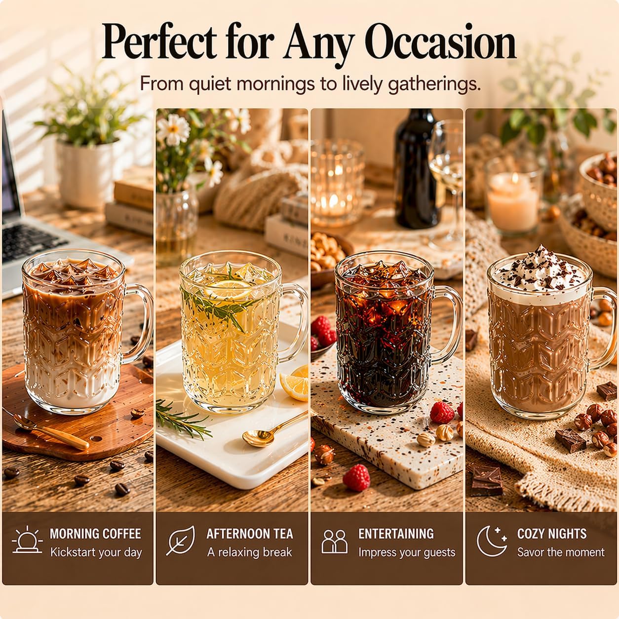Jiuchen 2 PACK Glass Coffee Mug sets with Handle & Spoon, 16 OZ Glass Coffee mups with Bamboo Lid, Clear glass tea cups for Hot/Cold Beverages, Glassware Set for Americano, Latte, Cappuccino