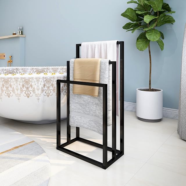 DUMEE Freestanding Towel Holder with 3 Towel Stands Rail for Bathroom Accessories Organizer, Bath & Hand Towels Storage, Black
