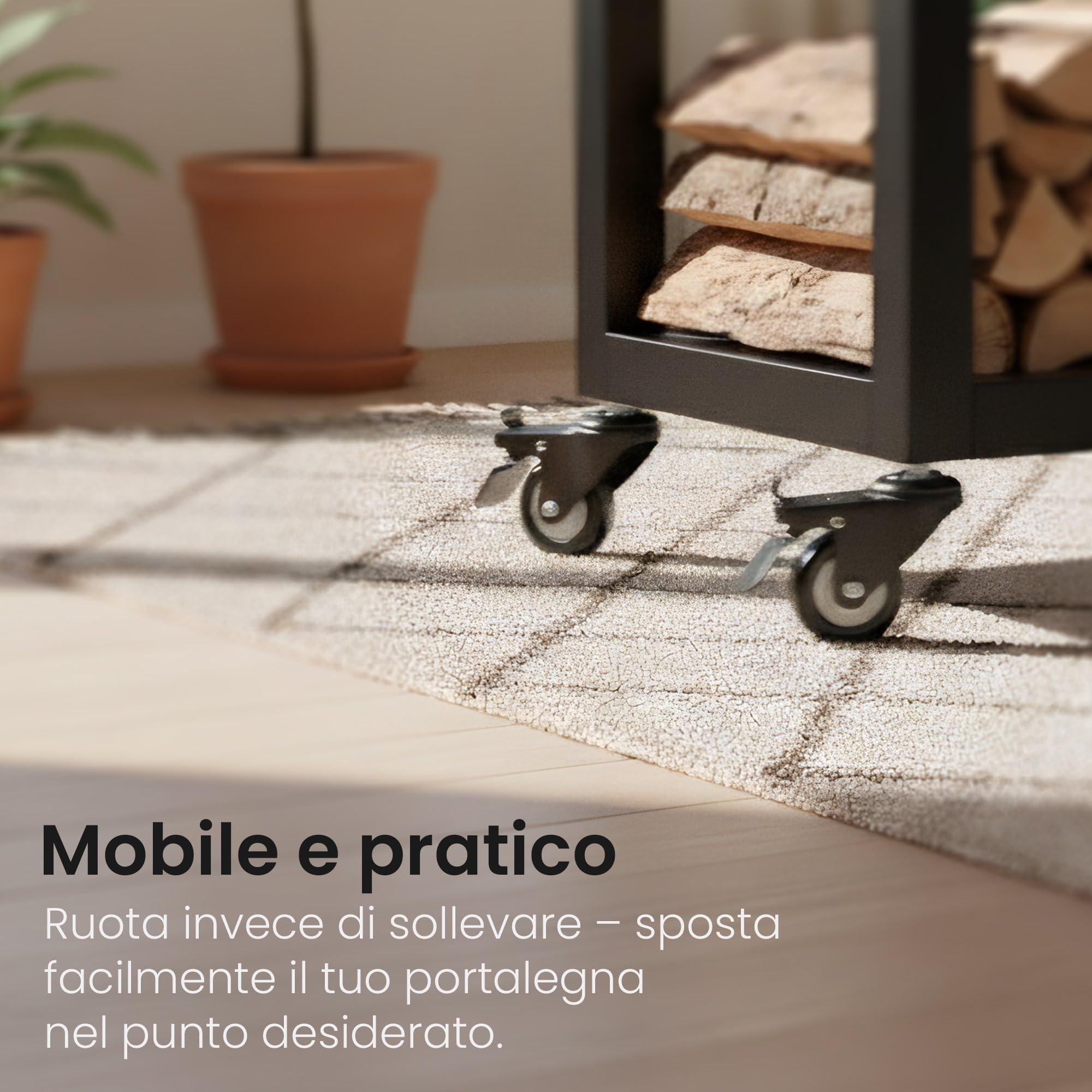 CLP Portalegna da Interno in Metallo con Ruote Hilta, scaffale in Metallo Robusto, stoccaggio Legna da ardere in Salotto Colore Nero Dimensione 25x40x150 cm