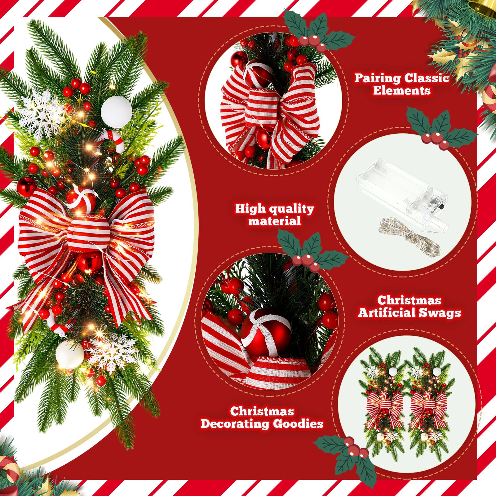 Lyrow Lot de 4 guirlandes de Noël artificielles de Noël de 61 cm - Sans fil - Prééclairées - Décoration de Noël pour extérieur, maison, jardin - Rouge et blanc - Style rétro