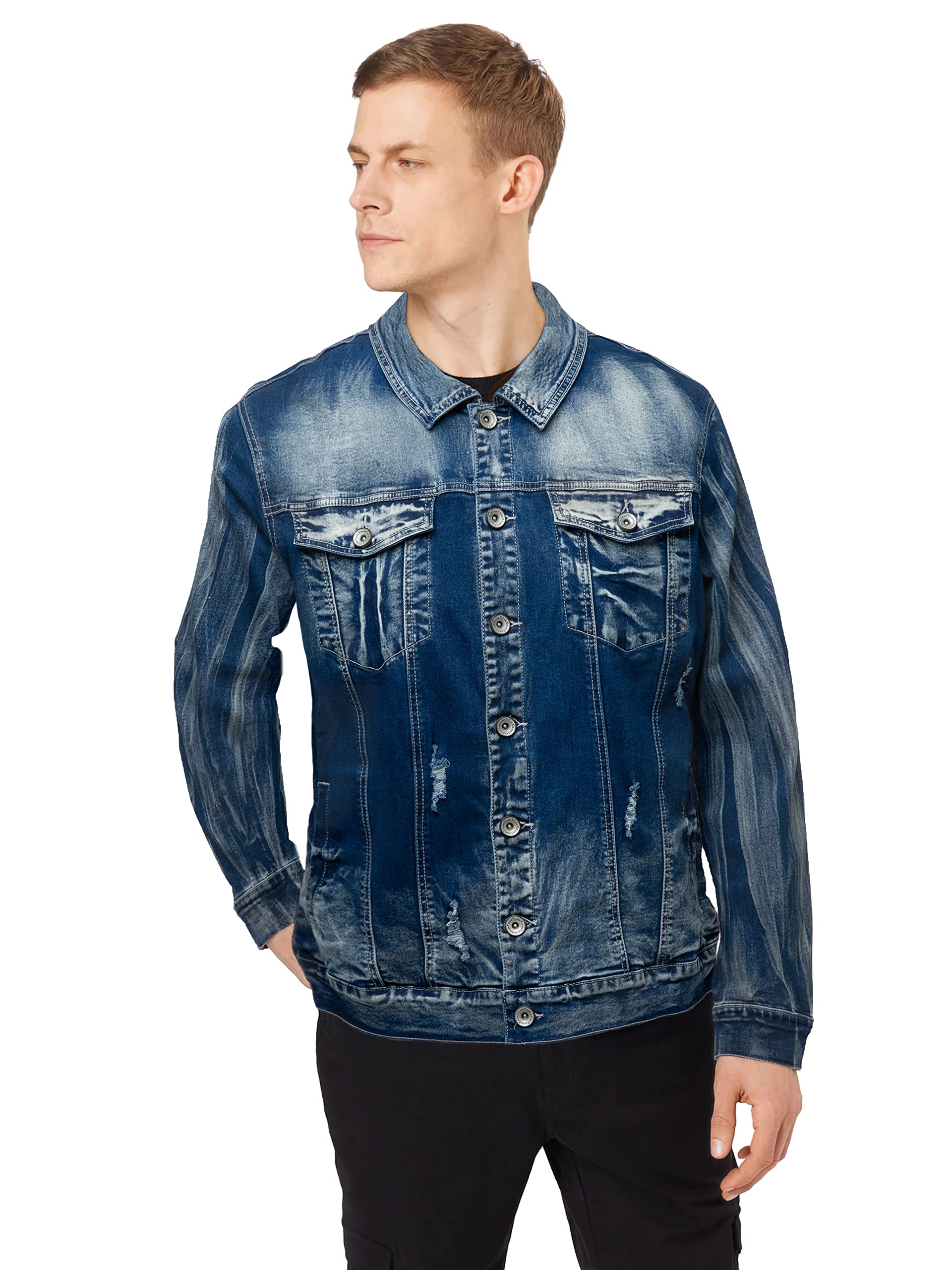 RAW X Men's Denim Jacket, Washed Ripped Distressed Flex Stretch Casual  Trucker Biker Jean Jacket for Men