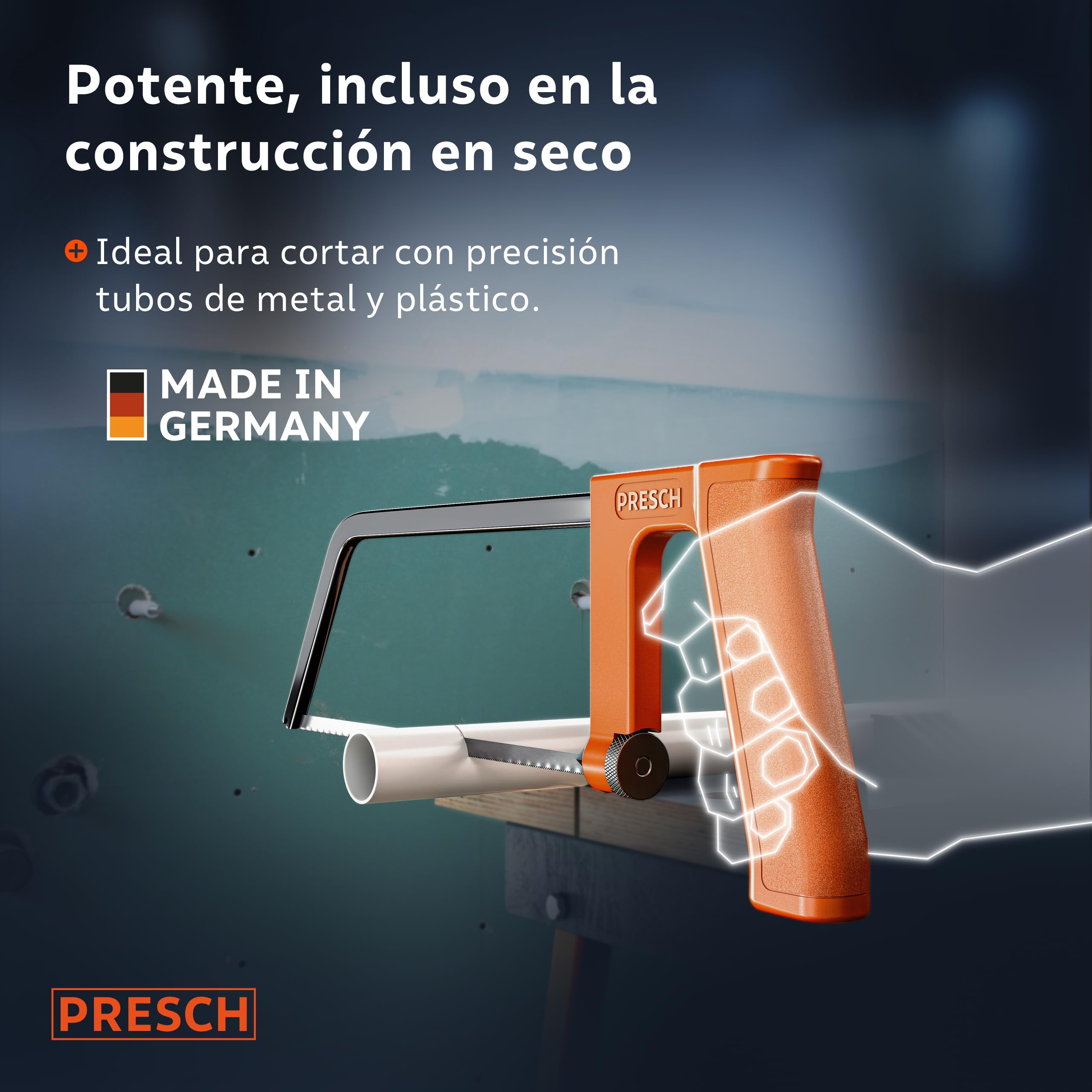 Presch Sierra de metal 200mm - Con hoja de sierra universal para cortes precisos - Cambio rápido de hojas de sierra - Mango ergonómico para serrar mejor - Sierra de arco pequeña, Sierra manual
