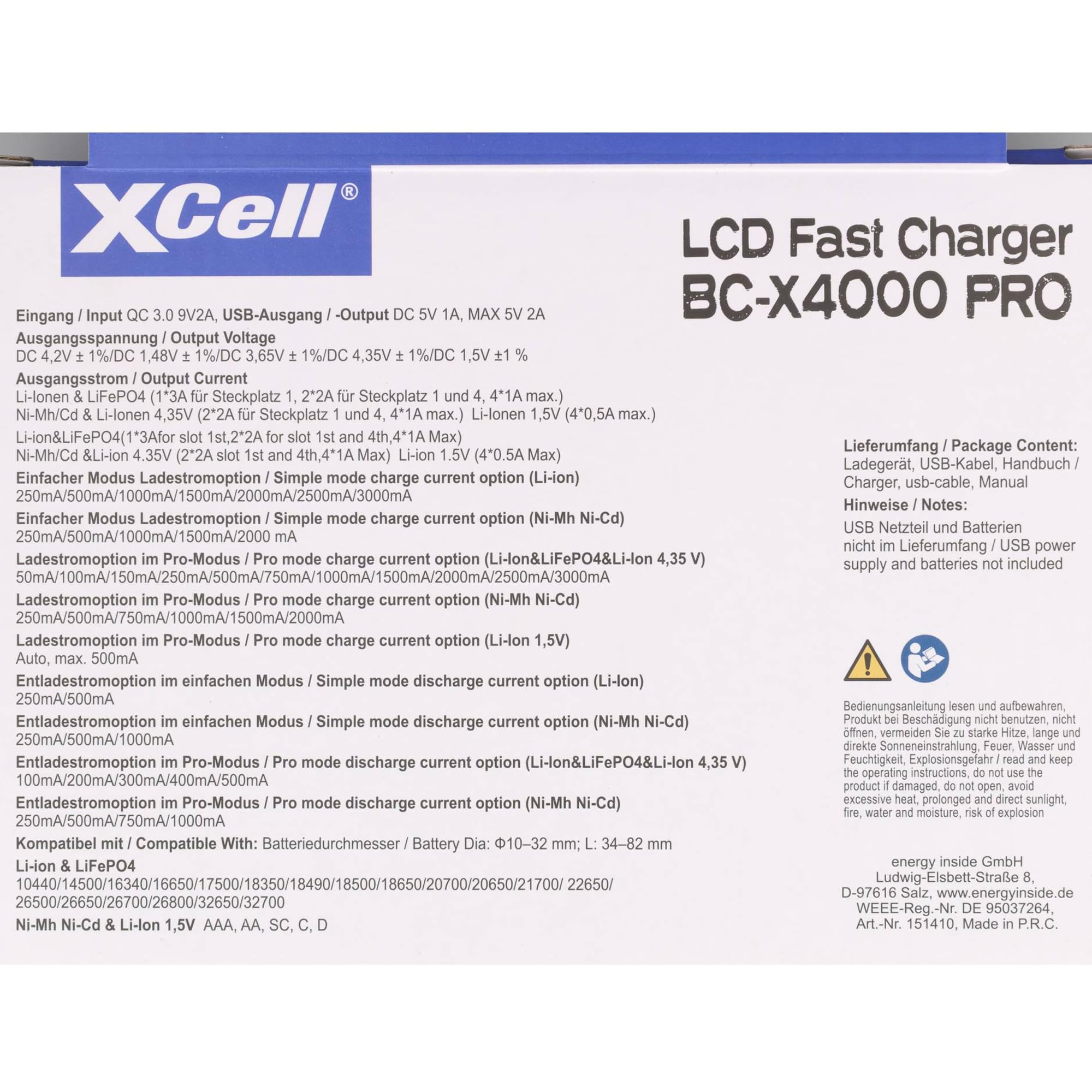 XCell Chargeur rapide LiFePO4, LiIon, NiCd, NiMH 10440, 14500, 16340, 16650, 17500, 18350, 18490, 18500, 18650, 20650,