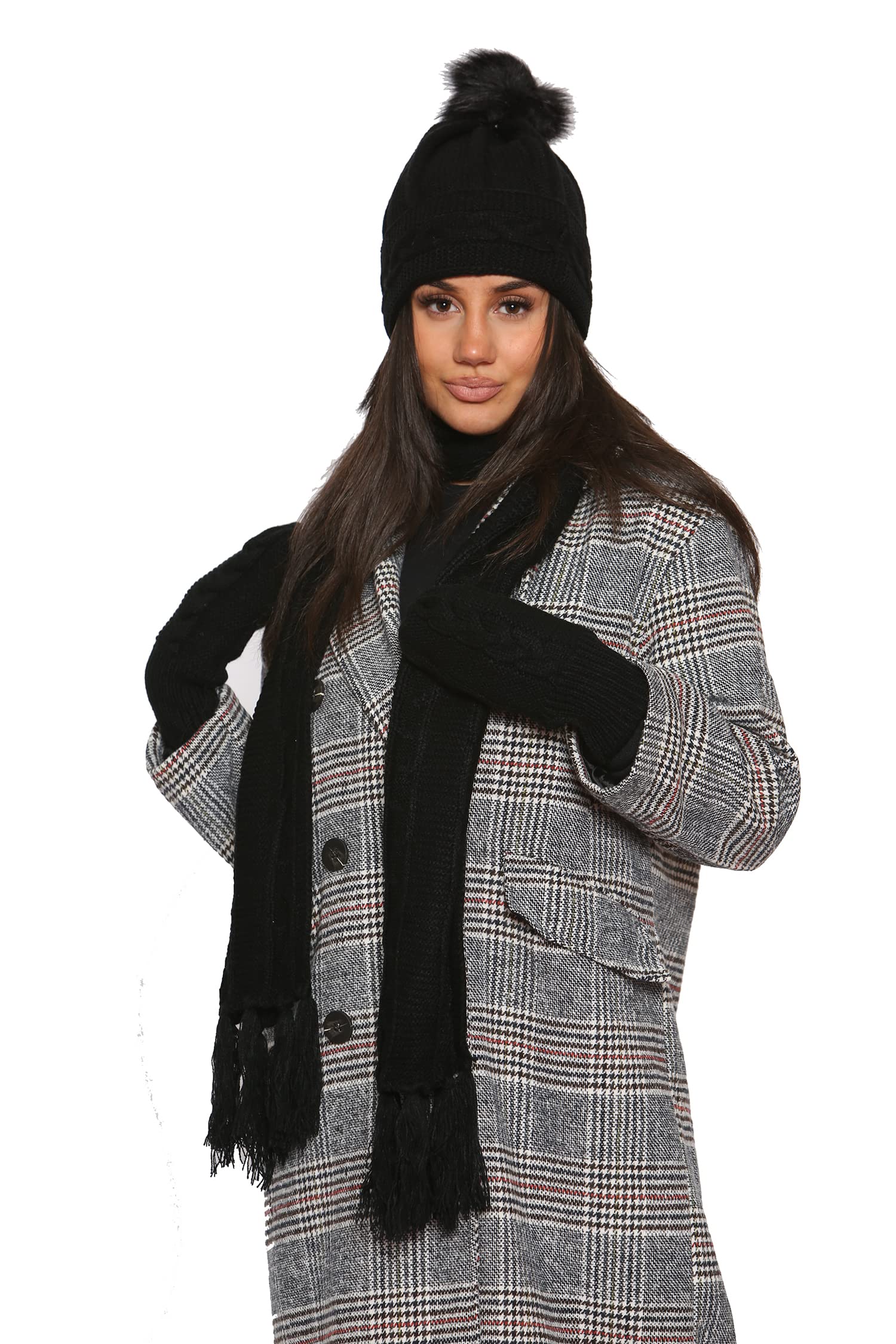 Click2style Women's Black Knitted Woollen Wooly Hat Scarf & Mitten Set Warm Cozy Soft (Black)