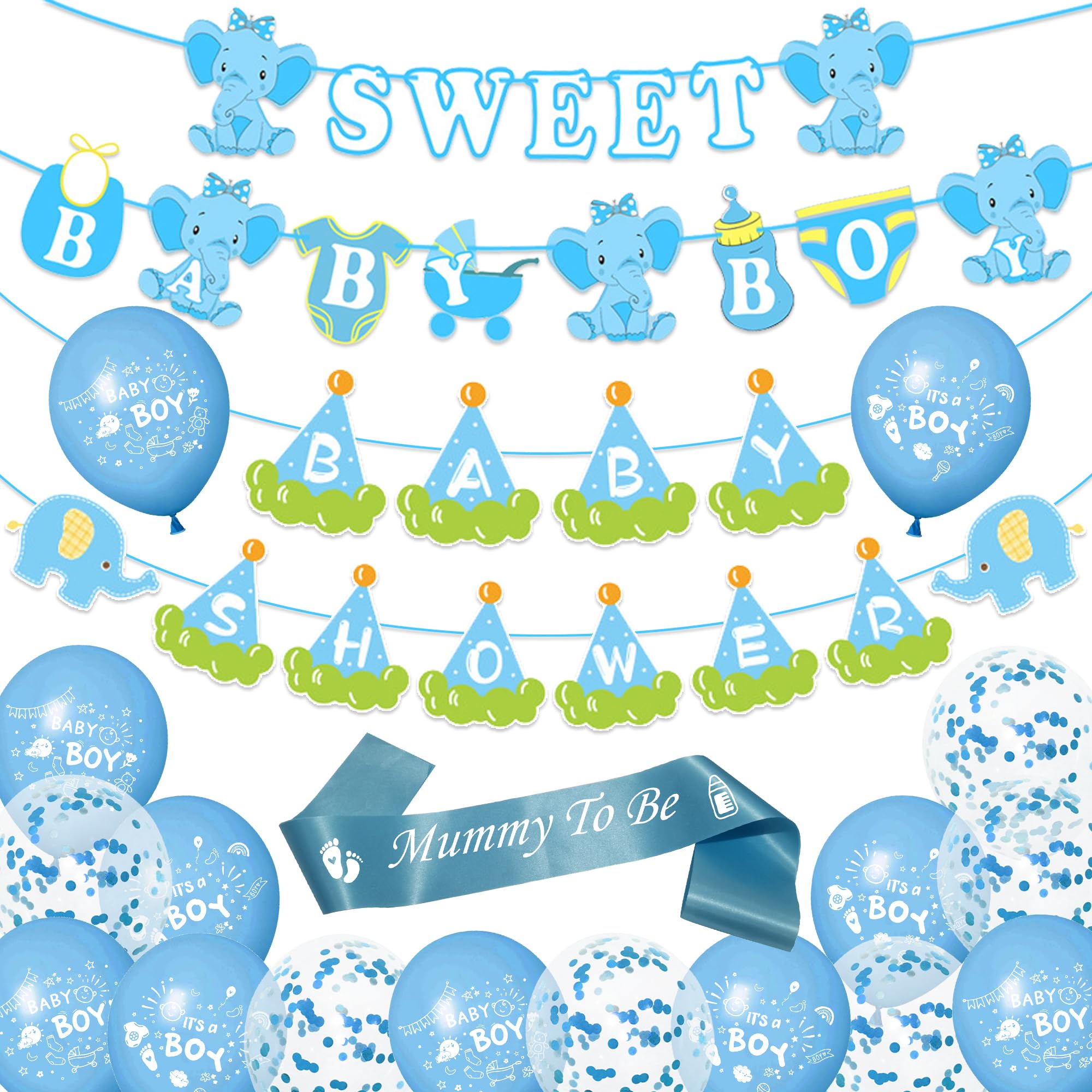 Baby Shower Balloons Decorations for Boy - Blue Elephant Sweet Banner Garland Mummy to Be Sash Confetti Balloon, Gender Reveal Baby Shower Party Banner Decoration for Boys
