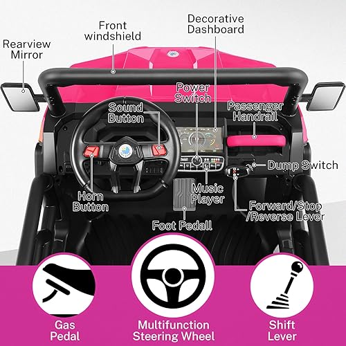 Miniatura 3 de Hikole Auto de paseo de 24 V con control remoto, autos eléctricos para niños de 2 plazas con cama volquete, música, pala, 3 velocidades, suspensión