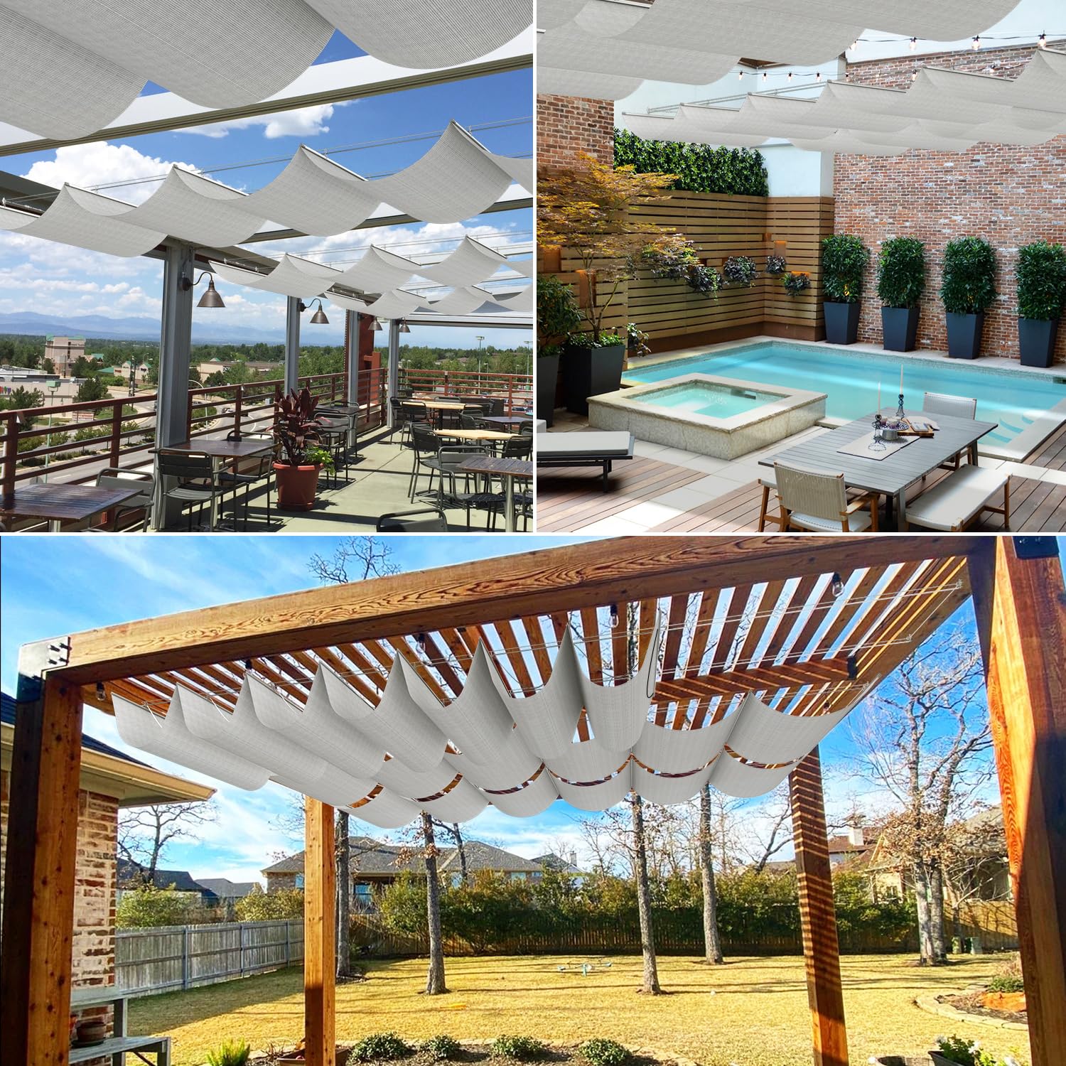 Coarbor 7'Wx16'L Pergola Shade Cover Retractable Shade Awning Slide Flexible Canopy for Patio Deck Porch Hang Down U Shape Wave Shade Cover Wire Cable Hardware Included Light Grey