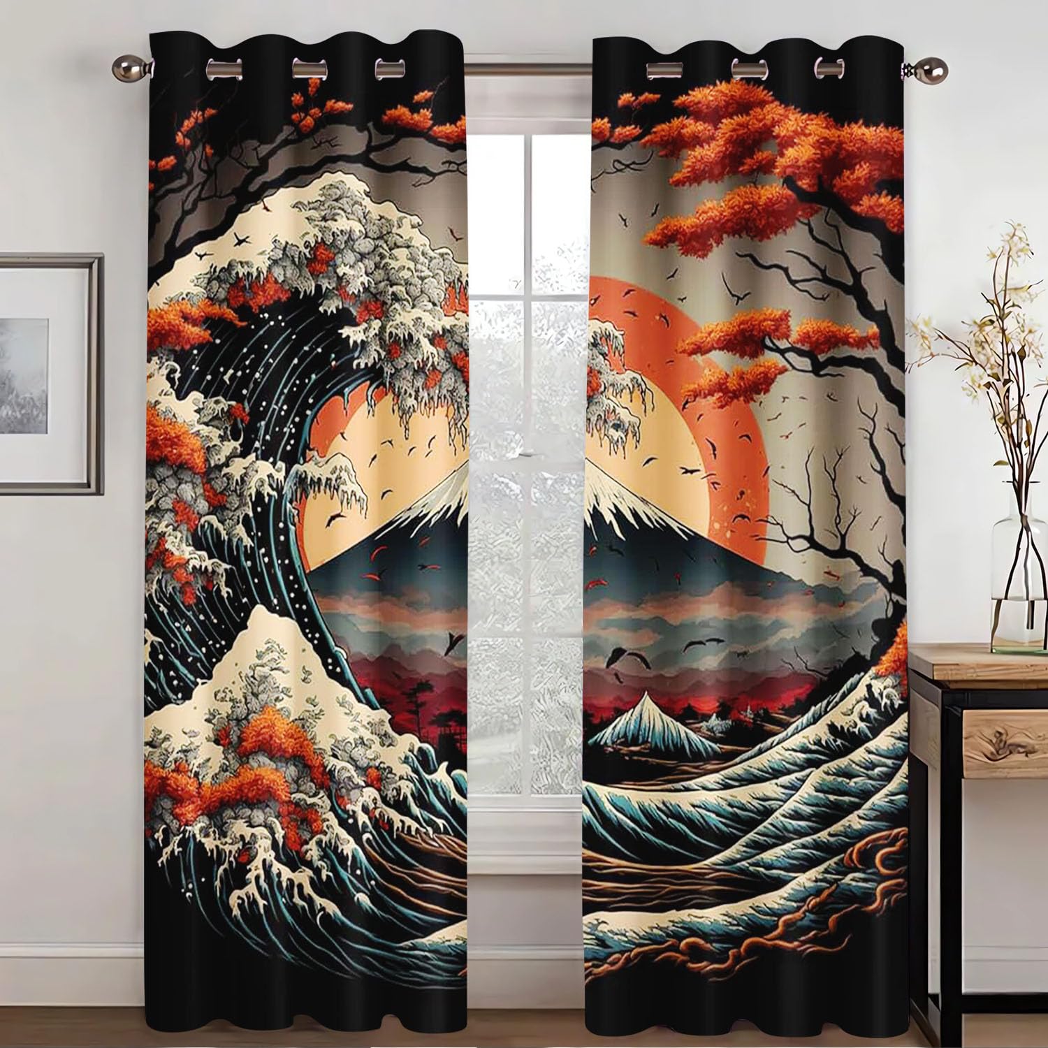 SHROUDEX Japanese Ukiyoe Blackout Curtain with Eyelets, Hokusai Wave Koi Window Curtain for Children's Room, Bedroom, 2 Panels (183x160cm (2x91x160cm))