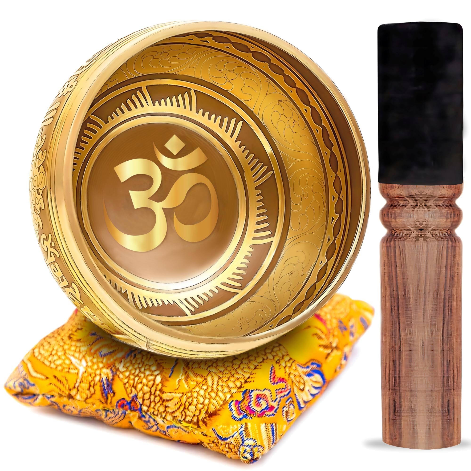 HIMALAYAN BAZAAR Tibetan Singing Bowl Set Bronze - Master Healing Grade - Pure Tone With Tibetan Thangka Art (Gold & Yellow)-image-26