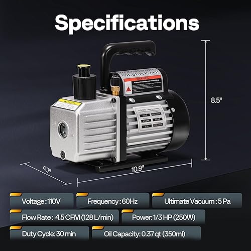 Miniatura 7 de VIVOHOME Bomba de vacío HVAC de una sola etapa de 4.5 CFM 13 HP 110V para sistemas R134a R12 R22 R502 R410a, bomba de vacío automática de CA para