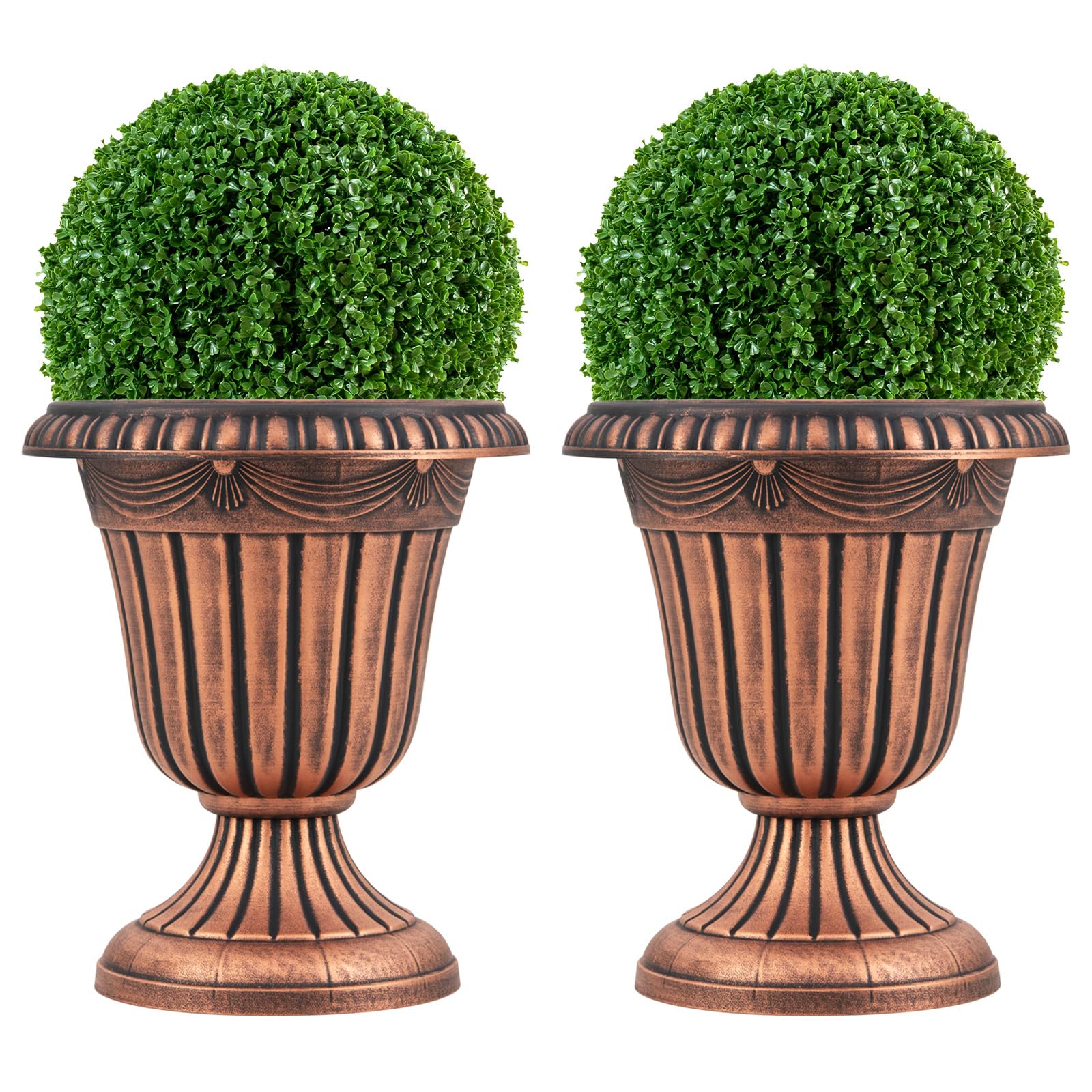 TANGZON Vintage Planters Set of 2, 46cm Tall Urn Plastic Flower Pot with Pre-marked Drainage Hole & Pedestal Base, Indoor Outdoor Decorative Plant Pot for Front Porch, Wedding Events (Bronze)